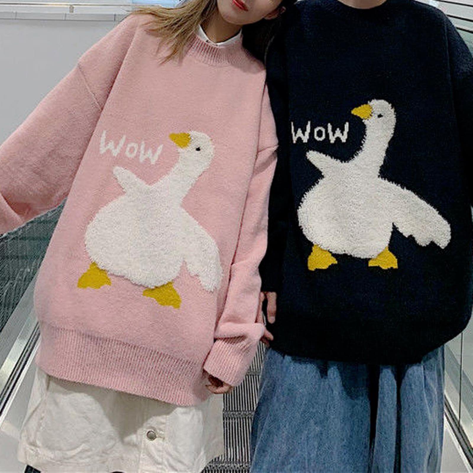 ZXCL Korean Style Kawaii Cartoon Goose Print Knitted Sweater Women