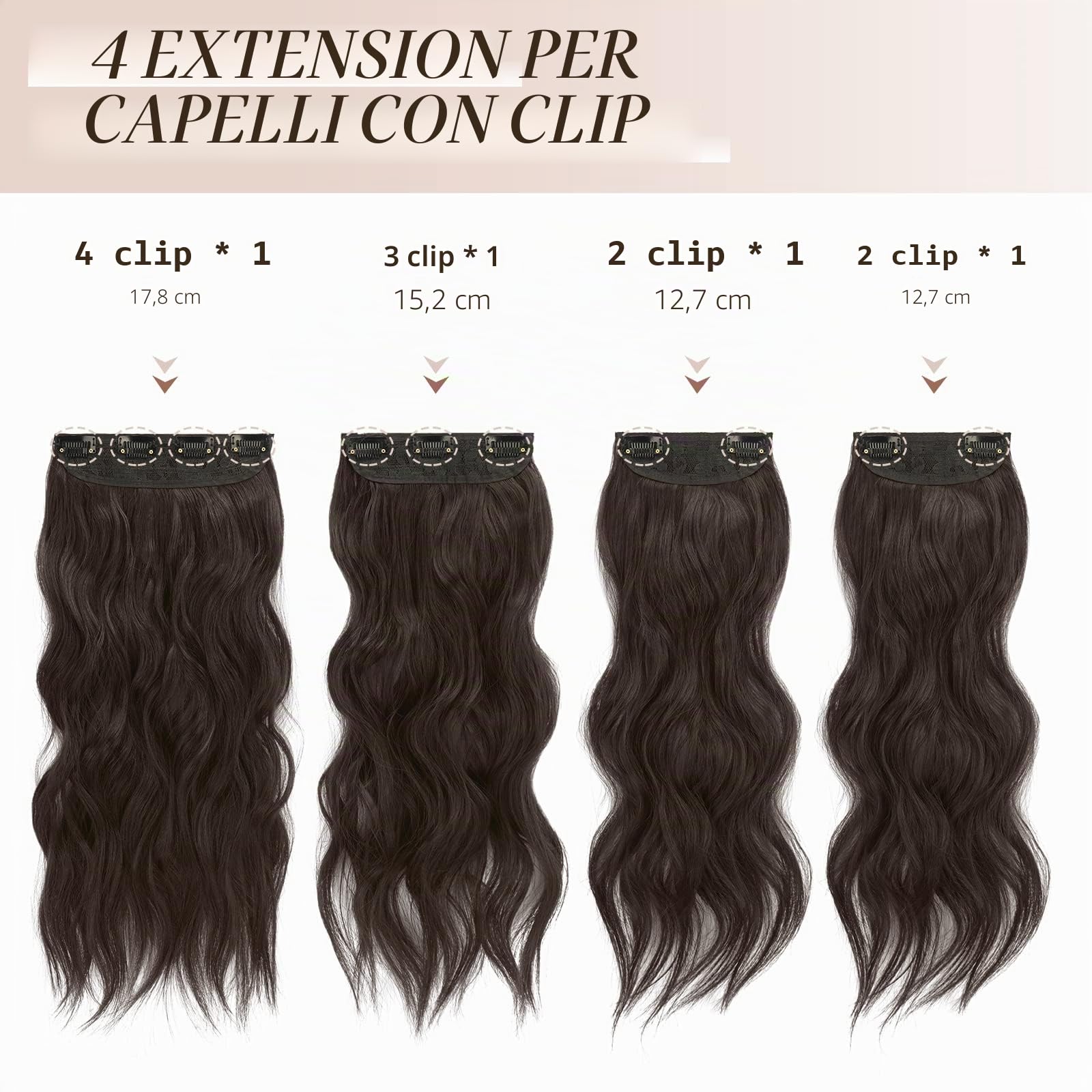 FESHFEN Extension Capelli a Clip - 4PCS Marrone Scuro Lunga Clip in Capelli Estensioni Clip Ondulati Sintetici Posticci Capelli per Donna 50 cm