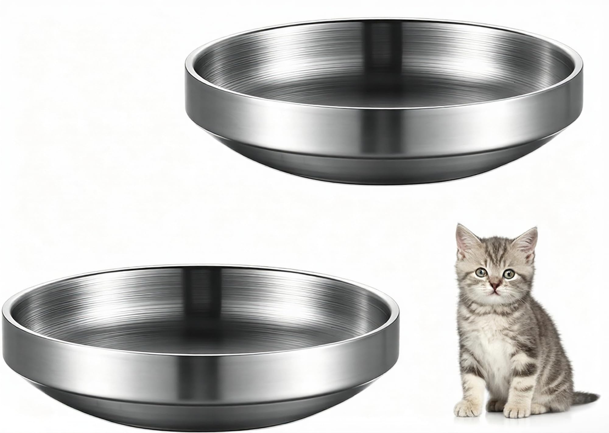 2 Pcs Stainless Steel Cat Bowl,14×14×3.5cm Whisker Fatigue Cat Feeding Bowl