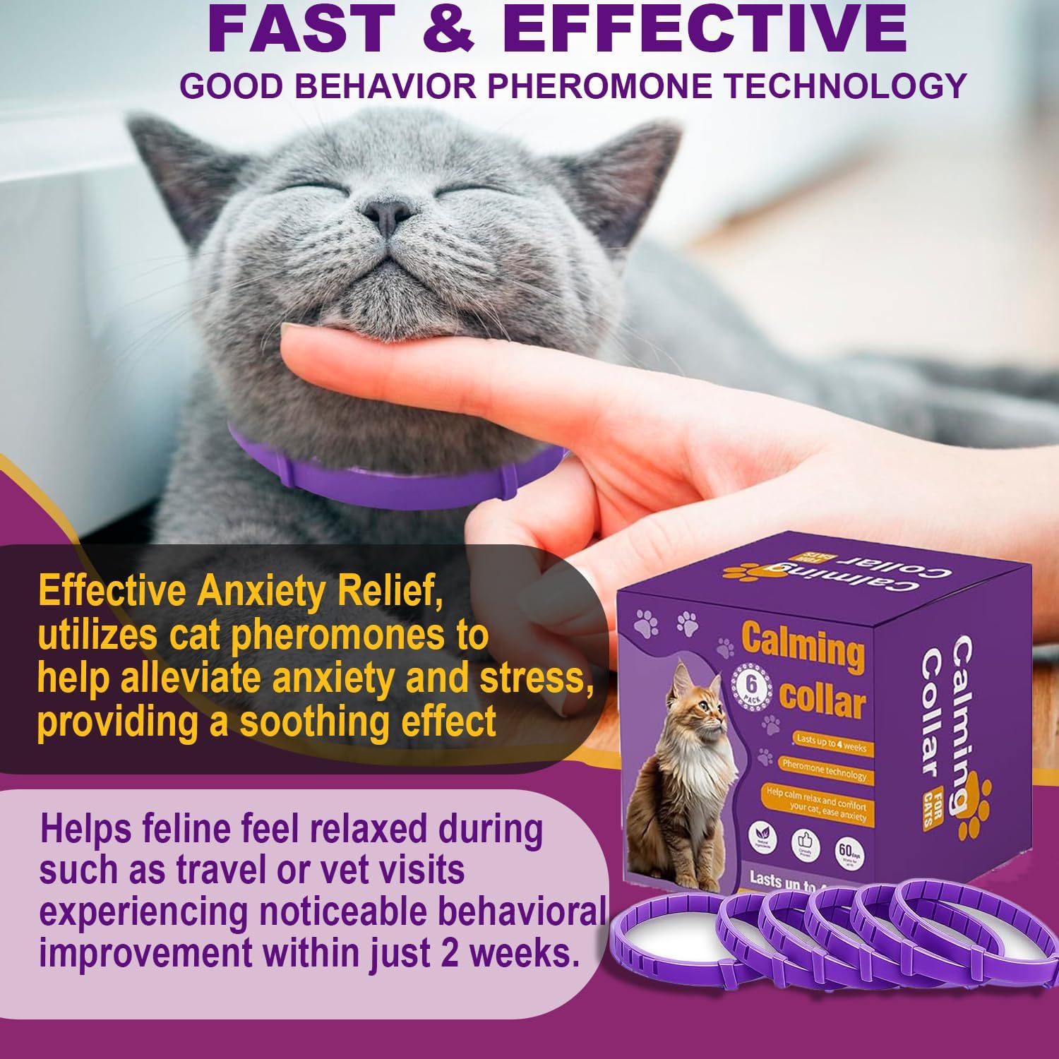 Cat Calming Collar, 6-Pack Pheromone Collars for Cats – Adjustable 15″, 60-Day Lasting Stress & Anxiety Relief, Helps Reduce Noise Fear, Scratching & Separation Anxiety（Pruple） - image 2