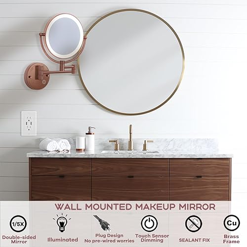 Miniatura 2 de Espejo de maquillaje con iluminación LED, espejo de aumento de extensión 5X, espejo de afeitado extensible compacto para baño, espejo de tocador de