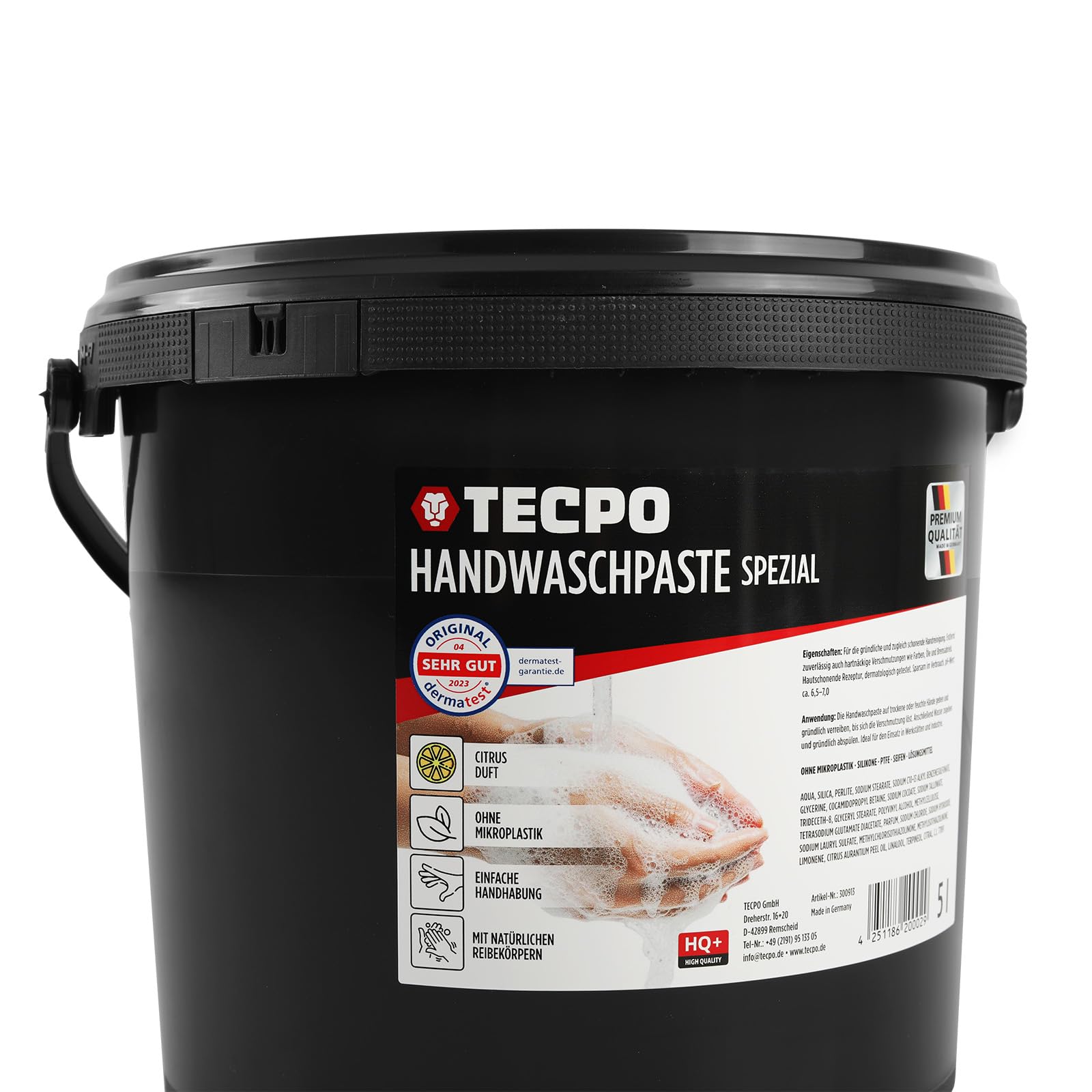 TECPO Handwaschpaste HQ+ 5 Liter Handreiniger Hautpflege Reinigungspaste hautschonend Reinigung Seife gegen starke hartnäckige Verschmutzungen wie Öl, Fett, Kfz und Werkstatt