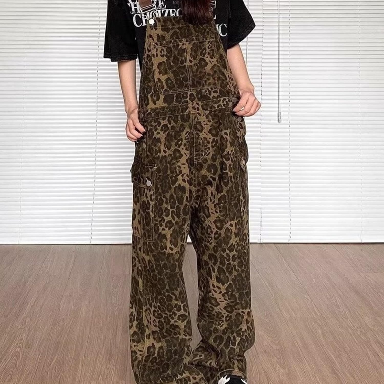 Leopard Print Overalls for Women Straight Wide Leg Denim Jumpsuit Adjustable Straps Bib Retro Hip Hop Loose Trouser