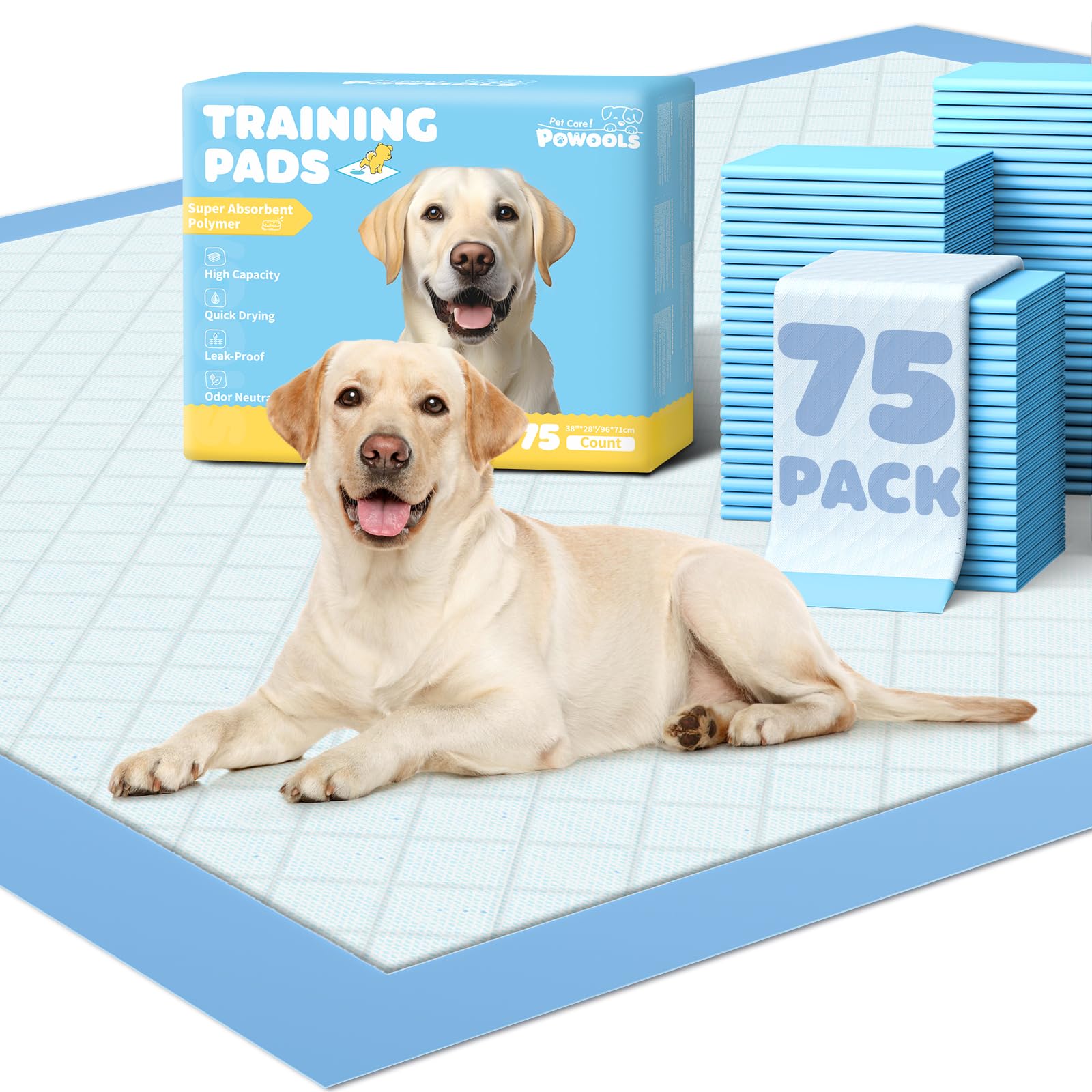Powools Extra Large Puppy Pads 96 x 71 cm, Pack of 75, Pee Pads for Dogs Potty Training with Leak-Proof Quick-Dry Design, 6-Layer Puppy Training Pads
