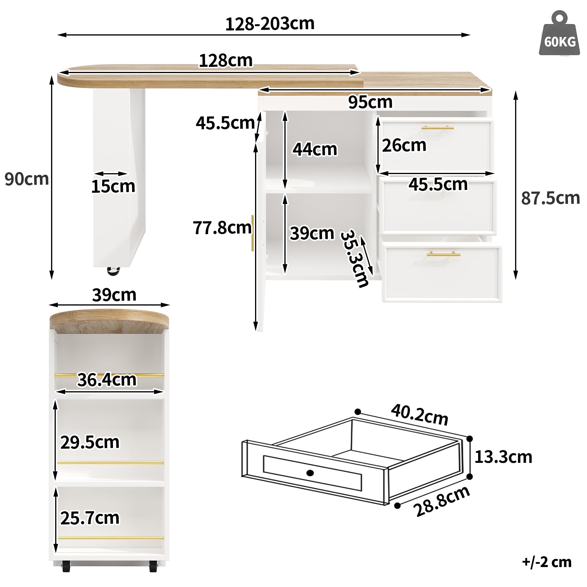 Mesa de Bar Extensible Gira 360° con 2 Ruedas y 3 Cajones, Barra Cocina Isla Cocina con 1 Puerta y Estante Ajustable, Compartimento Lateral y Dispositivo Antivuelco, 128-203x39x90 cm, Blanco