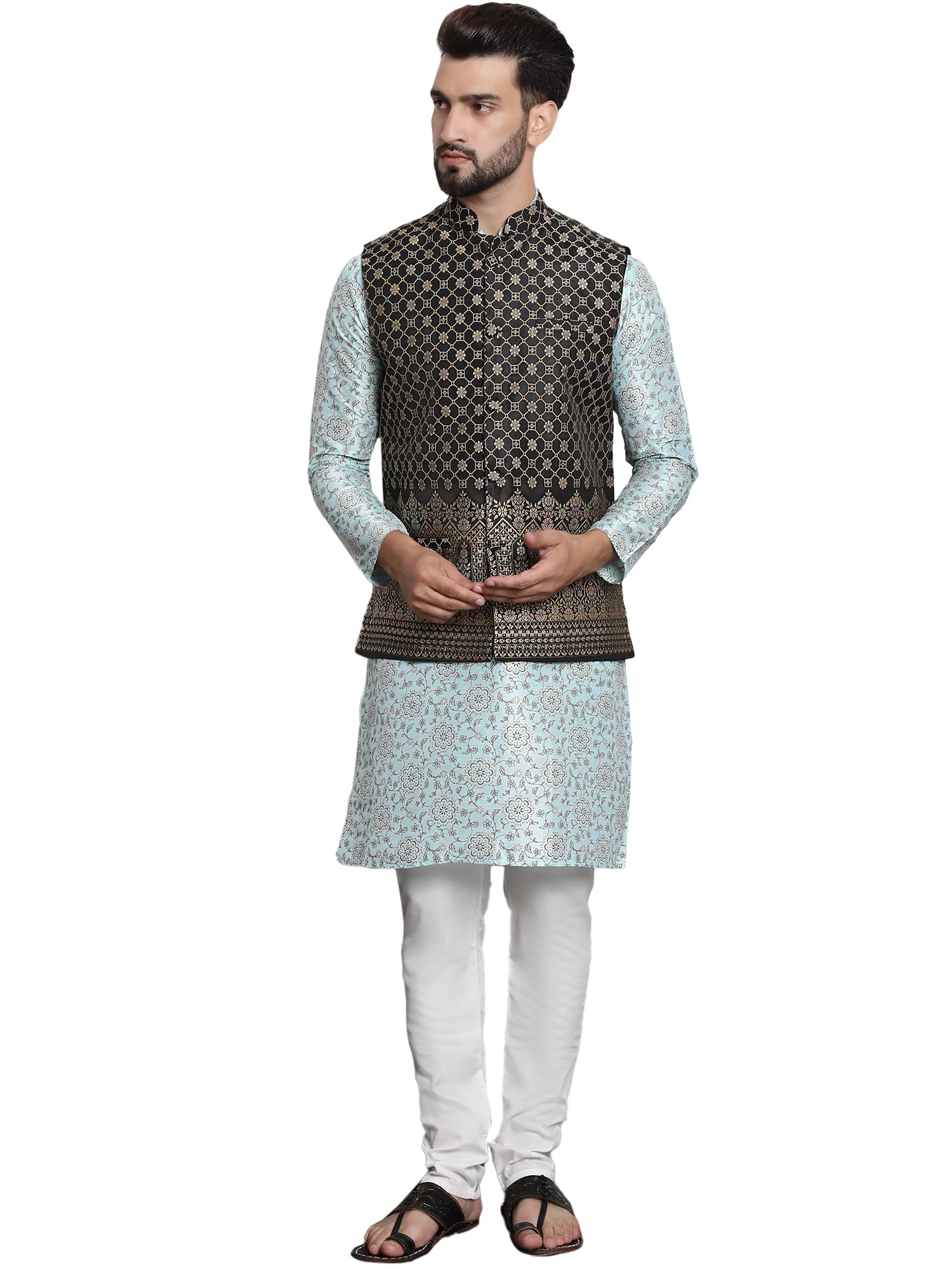Sojanya (Since 1958 Men's Silk Blend Print Sea Green Kurta & Cream Pyjama With Black Nehrujacket