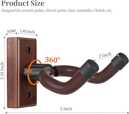 Miniatura 6 de Soporte de pared para guitarra, paquete de 2, colgador de madera para guitarra para almacenamiento seguro y exhibición, colgador de pared resistente