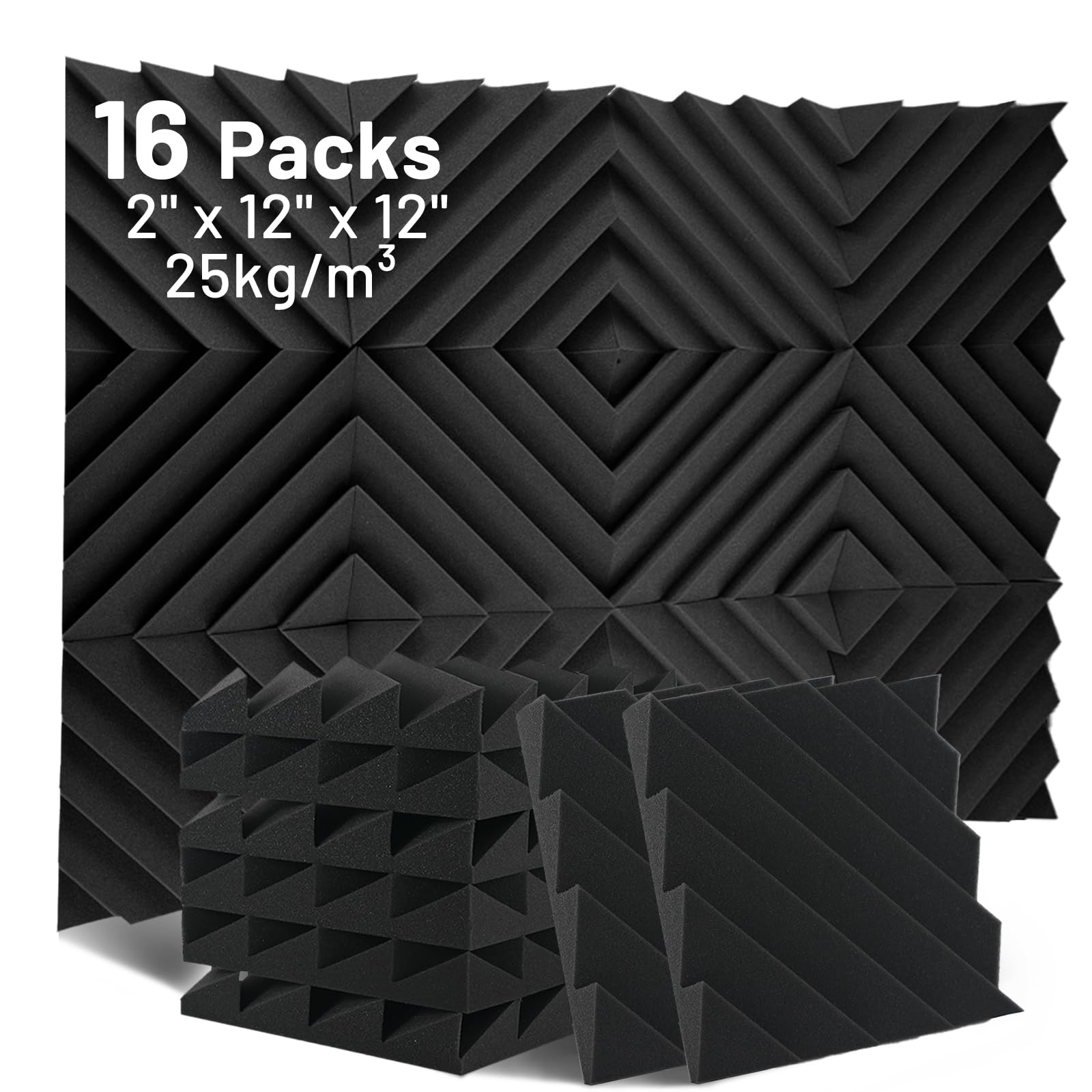 Focusound Confezione da 16 pannelli fonoassorbenti in schiuma, 5,1 x 30,5 x 30,5 cm, pannelli fonoassorbenti da parete, ad alta densità, per studio, ufficio, sala giochi