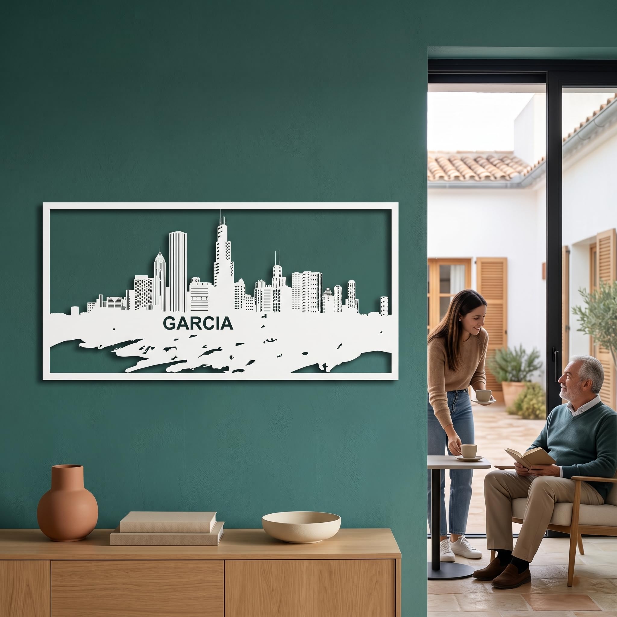 Arte de pared de metal personalizado con el horizonte de la ciudad de Chicago, letrero personalizado de paisaje urbano de la ciudad de los vientos, decoración de pared de los