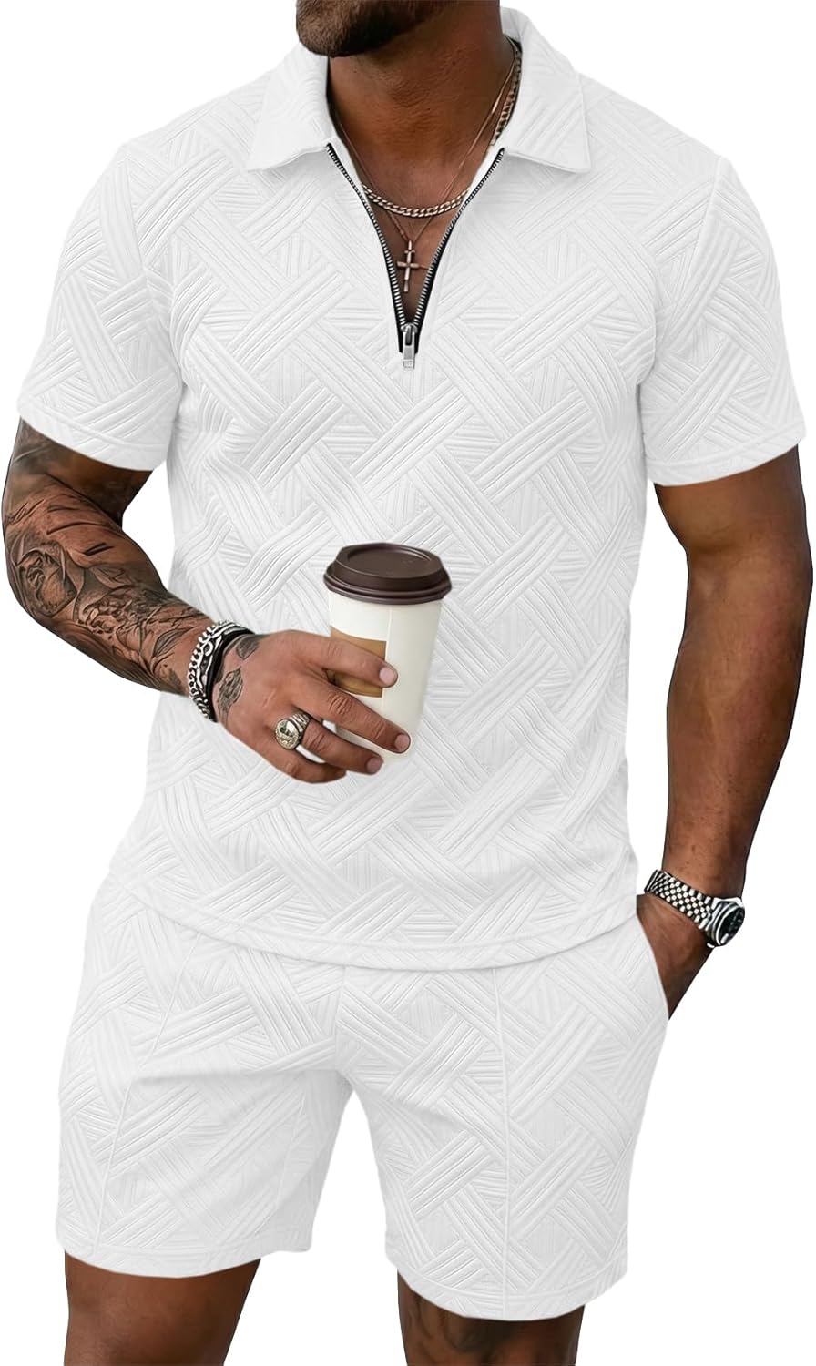 Runcati Mens Summer Track Suits Short Sleeve 1/4 Zip Golf Polo Shirts 2 Piece Shorts Sets Casual Textured Sweatsuit Outfits