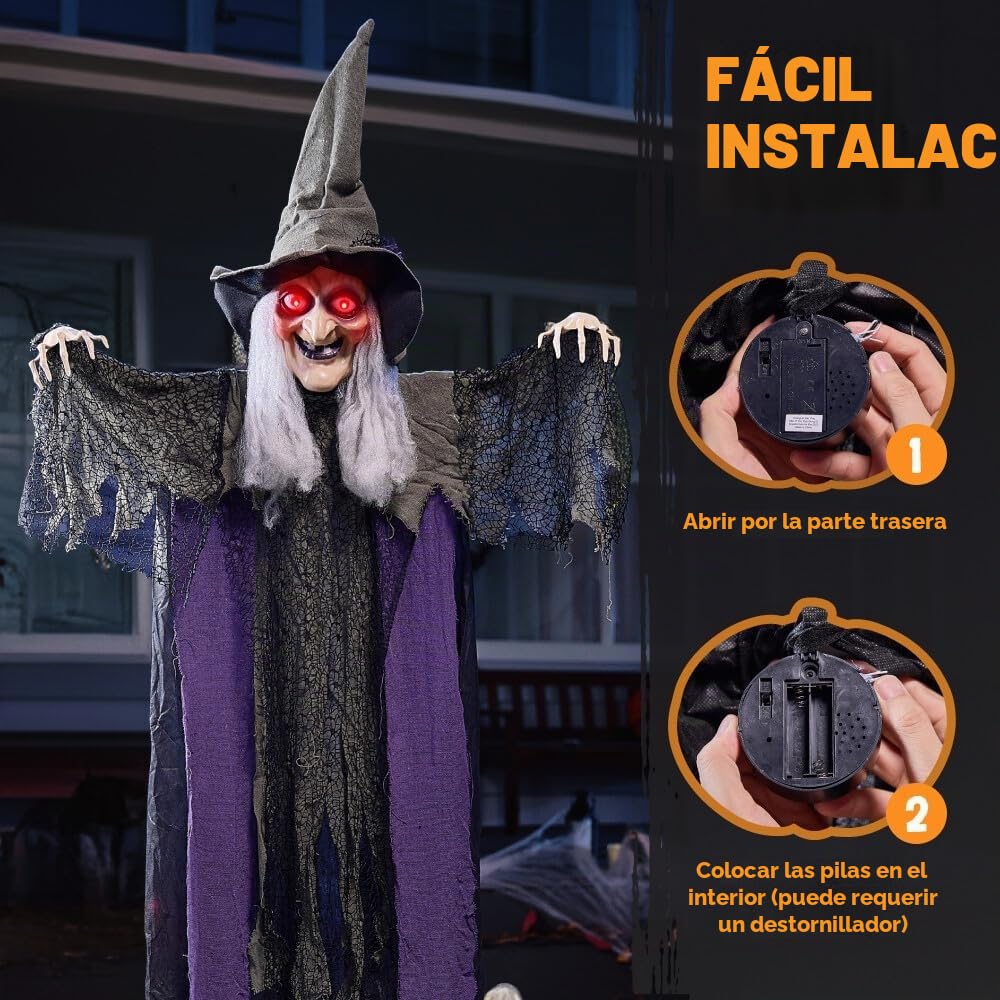 JOYIN - Decoración Colgante de Bruja para Halloween de 214cm con activación por Sonido. Bruja parlante Animada para Halloween, Ideal para Decorar Casas embrujadas, Jardines y césped.