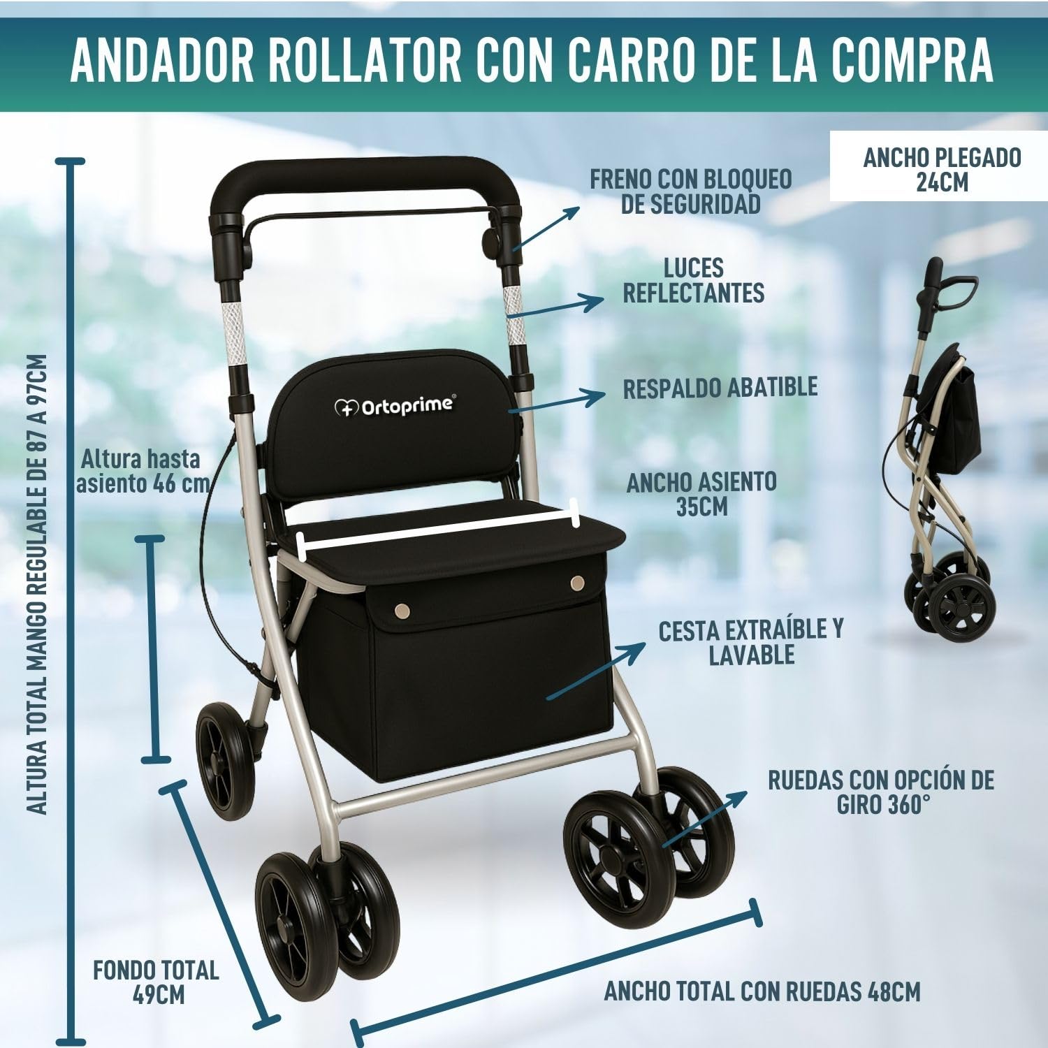 OrtoPrime Andador para Ancianos Plegable con CARRO DE LA COMPRA - Rollator 4 Ruedas Carrito de la compra Plegable Caminadores para Mayores - Andadores Adultos Asiento con Cesta y Ruedas 360º