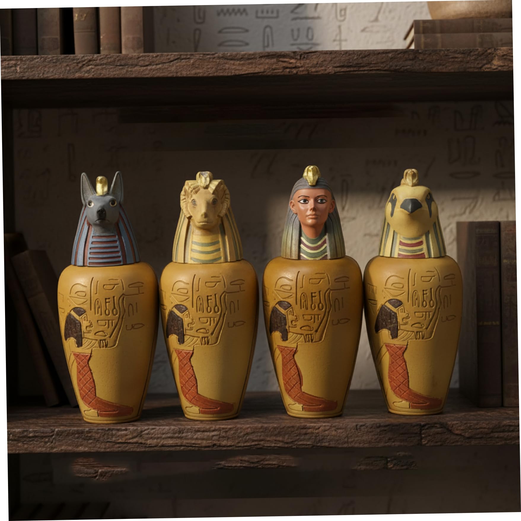 Pesoncarl 4Pcs Set Of 4 Egyptian Canopic Jars, Resin Figurines For Home Decor, Ancient Egyptian Statues For Shelf Display