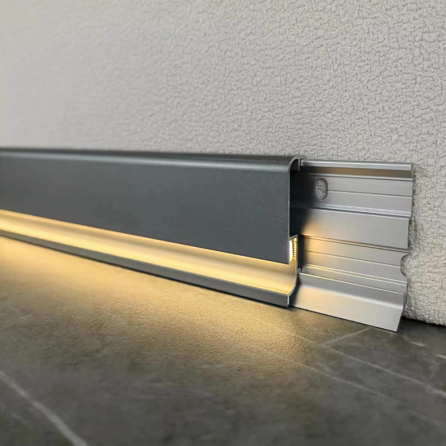JARBIH Minimalist Skirting Baseboard, 20 Packs H5cm(2inches) Metal Aluminum Floor Skirting with Warm Light Silicone Led Strip, Illuminated Bottom, Complete with Accessories(Grey)