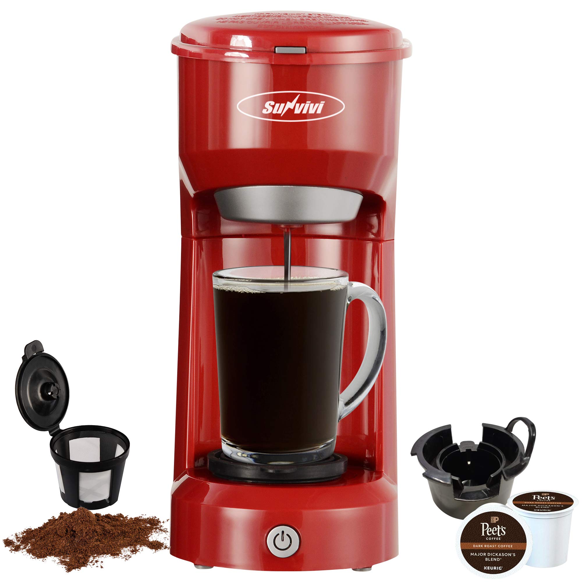 SUNVIVI OUTDOOR Single Serve Coffee Maker Brewer for Single Cup, K-Cup Coffeemaker with Permanent Filter, 6oz to 14oz Mug, One-Touch Control Button with Illumination (Red)