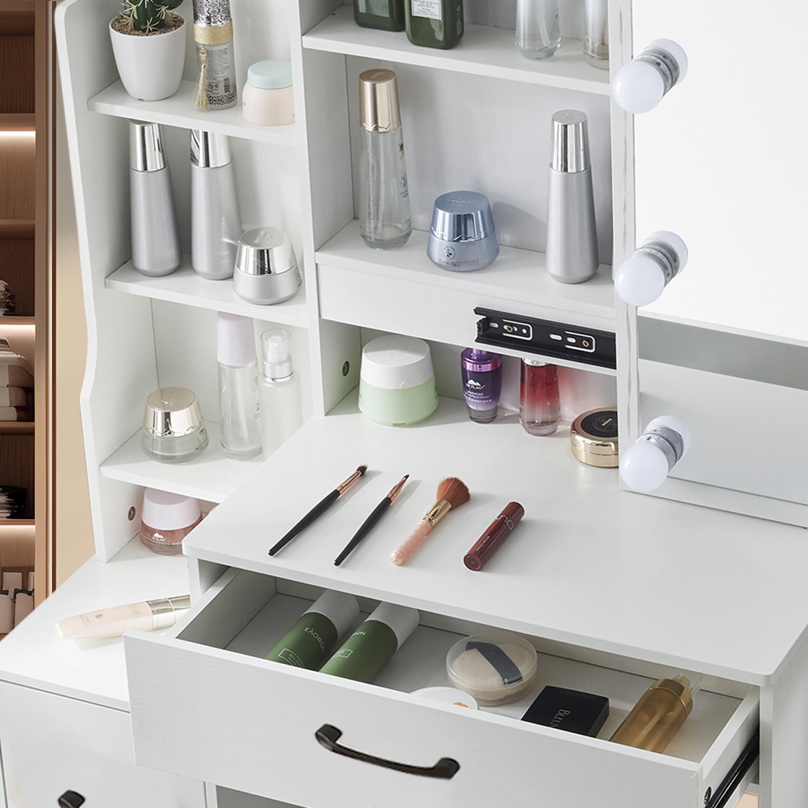 Scrivania da trucco con specchio illuminato e piano in vetro