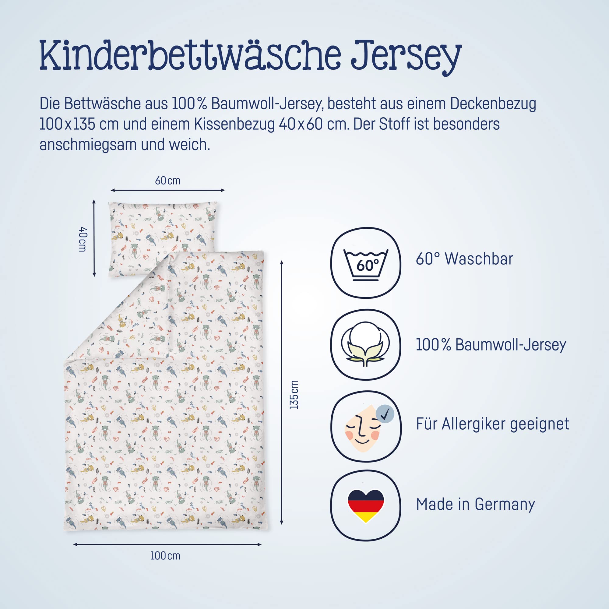 Julius Zöllner Jersey - pościel dziecięca 100 x 135 + 40 x 60 cm, 2-częściowy zestaw poszewek na kołdrę i poszewki na poduszkę, 100% bawełna dżersejowa, z zamkiem błyskawicznym, Standard 100 by