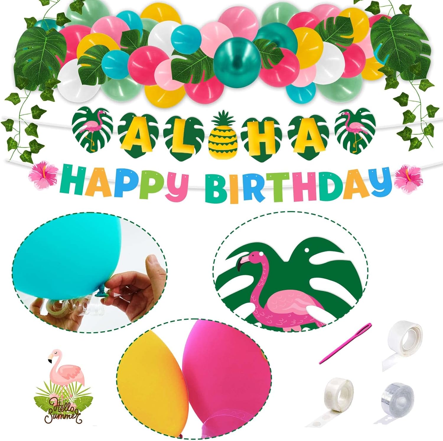 Party Spot! Luau Party Decorations,Hawaiian Birthday Party Decorations,ALOHA,Beach Theme Party,Tropical Party,Grass Table Skirt,Palm Leaves,Hibiscus Flowers,3D Fruit Straws,Flamingo and Pineapple
