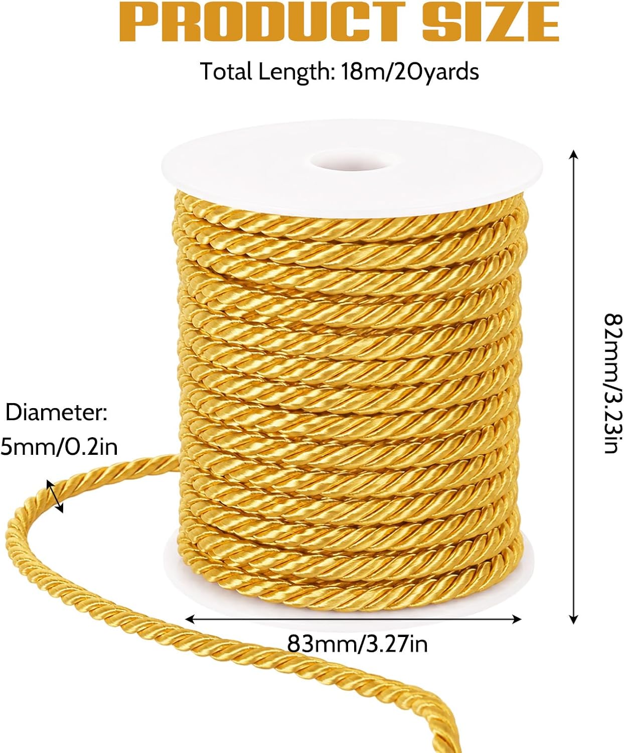 5mm 20Yards Gold Rope Cord 3Ply Twisted Polyester Decorative Cord Graduation Trim String for Gift Wrapping Packaging Curtain Tiebacks DIY Handmade Crafts Home Decor
