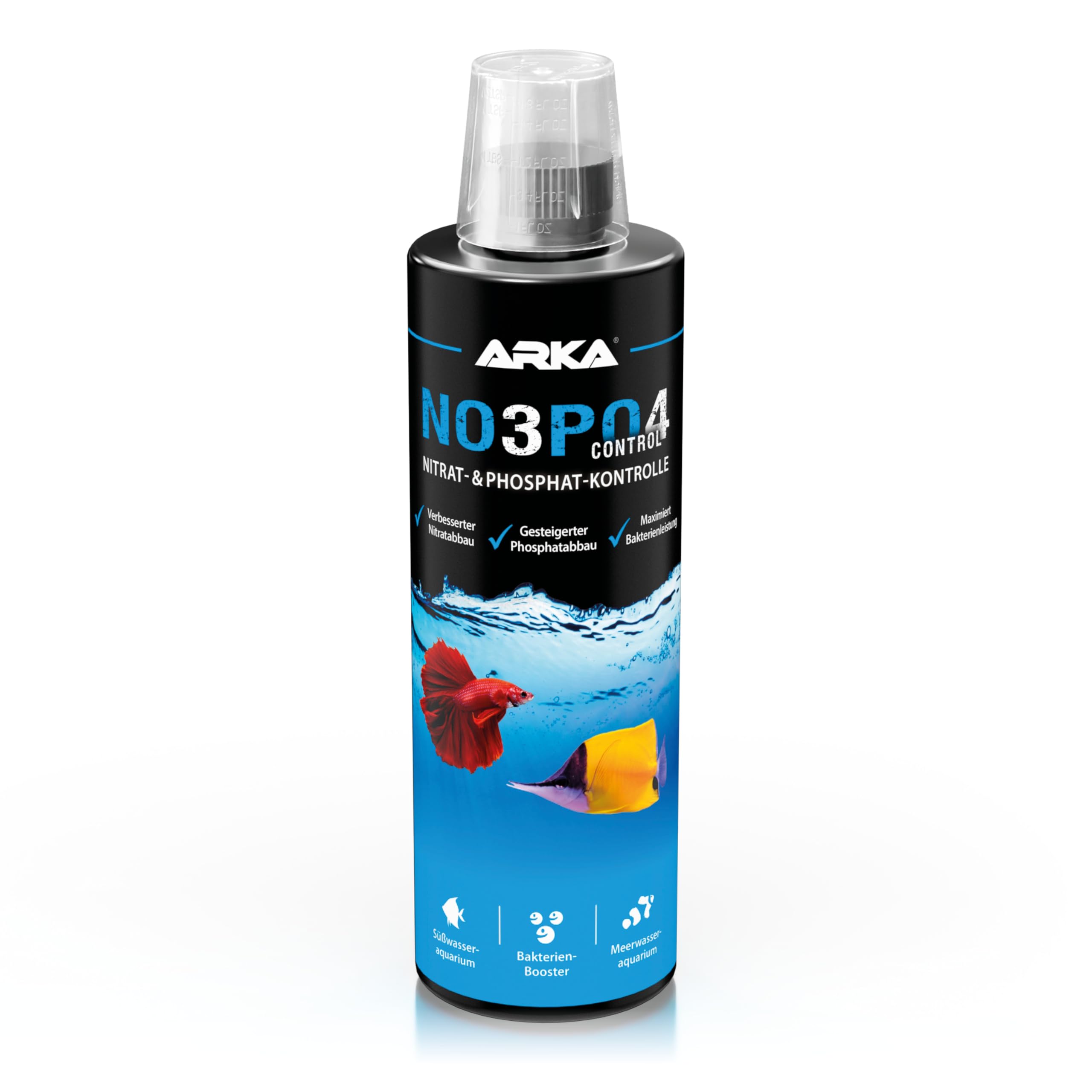 Phosphat- & Nitratentferner Aquarium 473 ml – biologisch gegen NO3 & PO4 – aktiviert Filterbakterien für klares Wasser und stabile Werte in Süß- & Meerwasser – ARKA NOPO Control