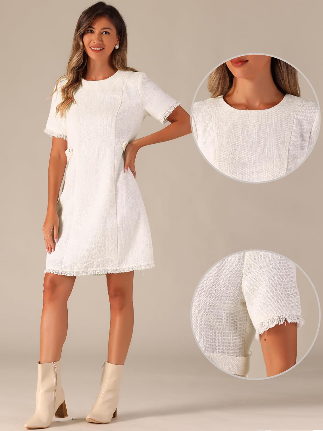 Allegra K Tweed Sweater Dress for Women's Round Neck Short Sleeves Work Elegant Casual Knit Shift Dresses - Image 2