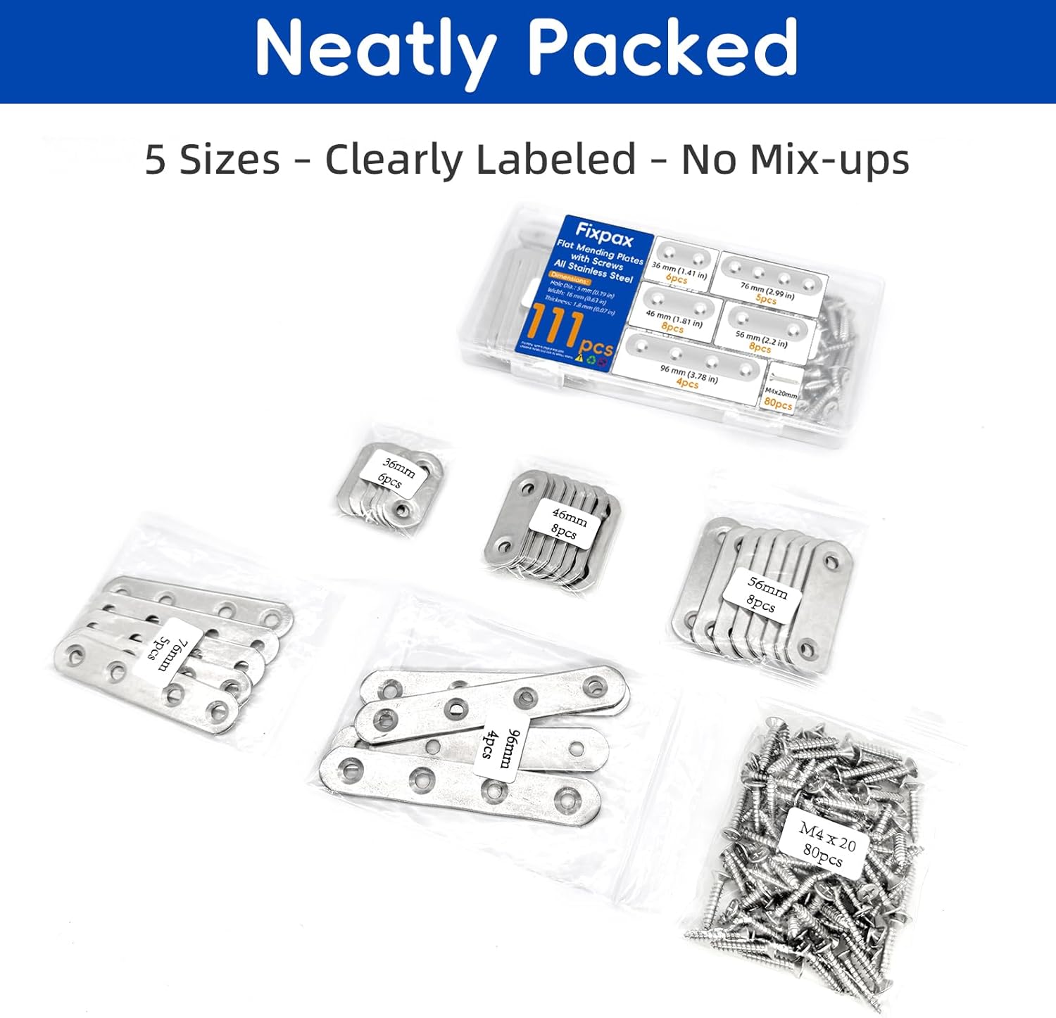 111PCS 5 Sizes Flat Mending Plates for Wood Metal Brace Bracket Stainless Steel Straight Wood Brackets with Screw Holes 1.4"/1.8"/2.2"/3.0"/3.8" inch(Silver)