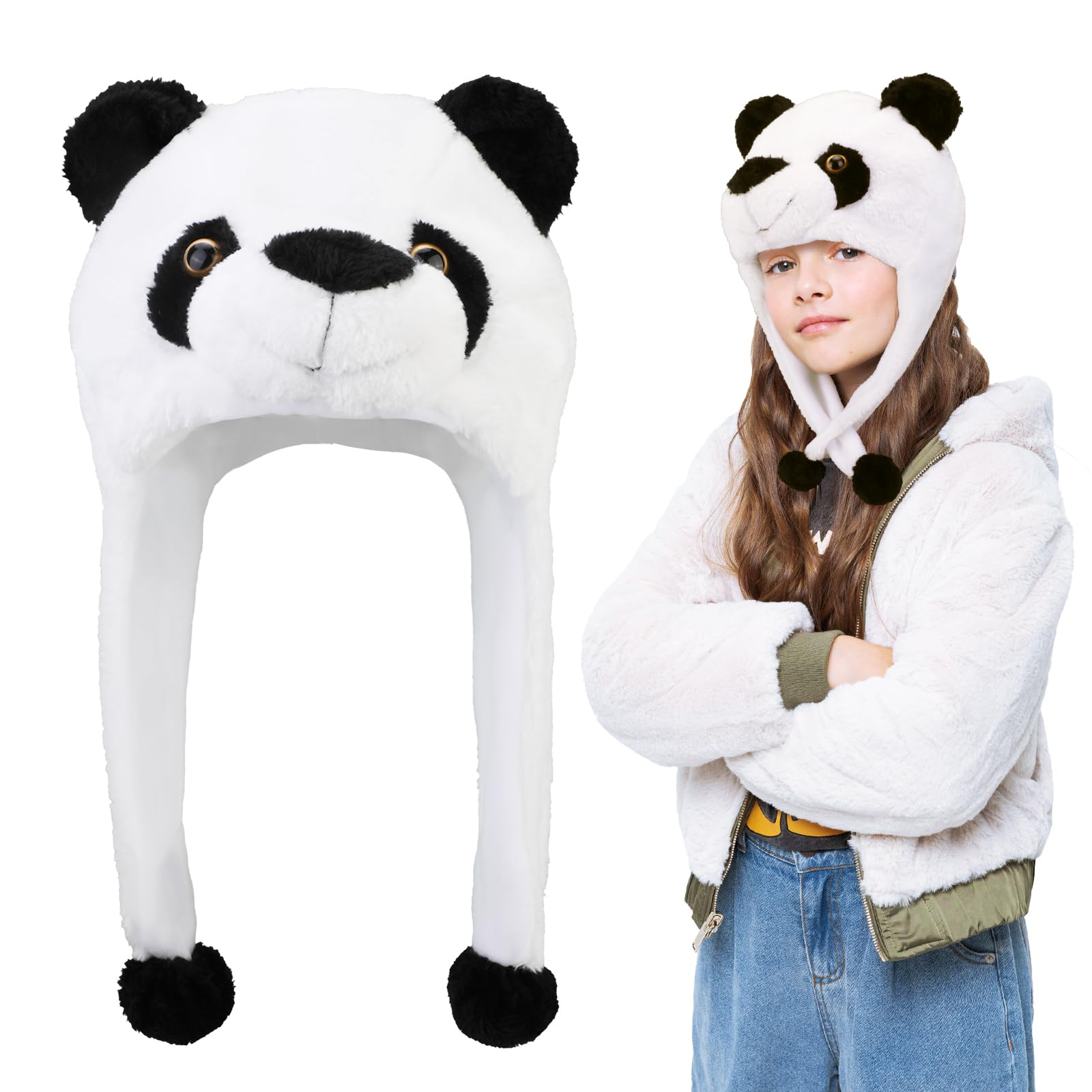 XEPST Plush Panda Hat, 2-In-1 Hood Scarf Faux Fur Headwear, Silly Funny Hat for Kids Adults, Costume Cosplay World Book Day Birthday Party Halloween Carnival