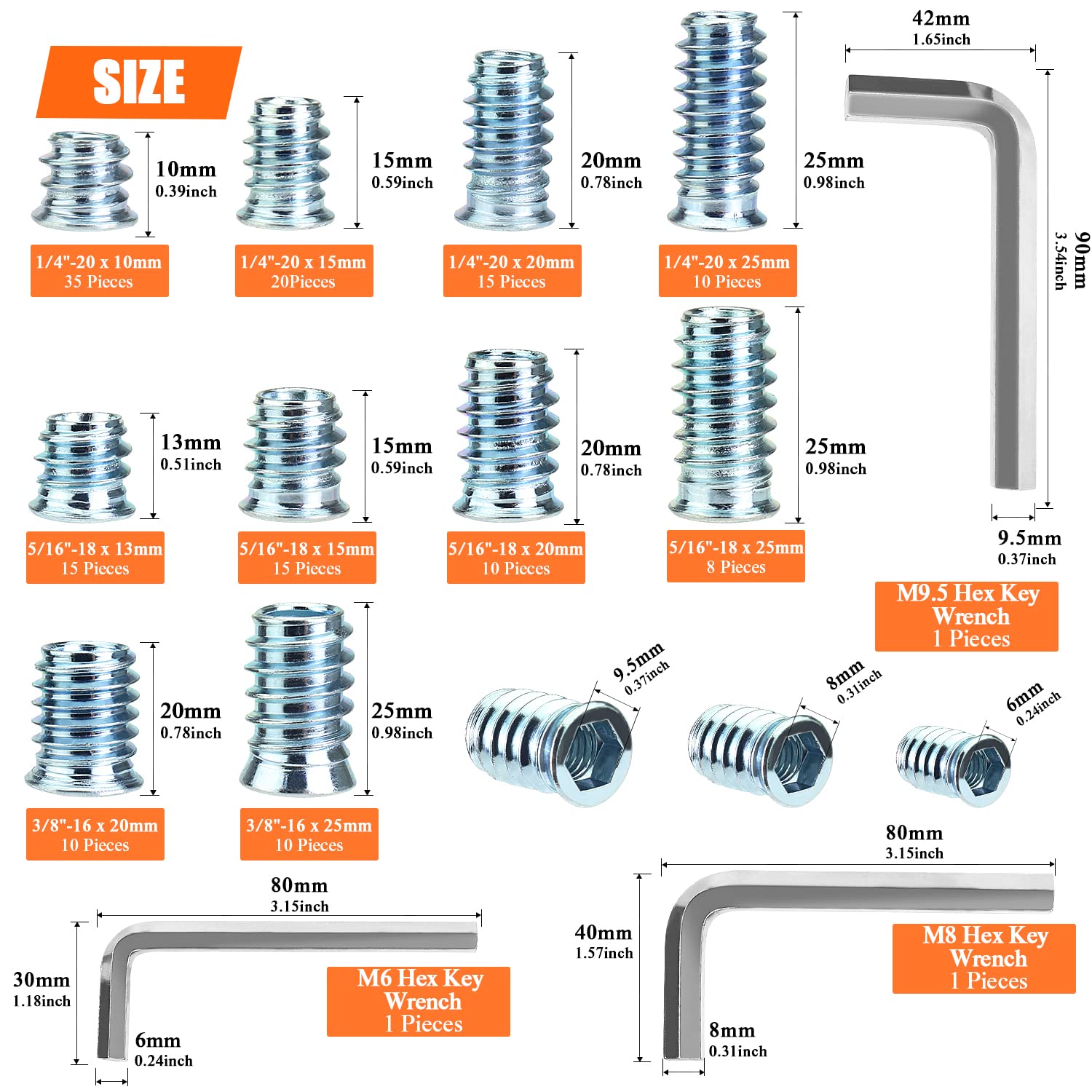 Threaded Inserts Kit - 148 Pcs Wood Screw Inserts -3 Threaded Inserts Kit - 148 Pcs Wood Screw Inserts -3
