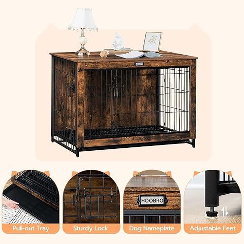 Miniatura 7 de HOOBRO Mueble de jaula para perros, perrera grande de 38.6 pulgadas para interiores, jaula de madera con bandeja extraíble, mesa auxiliar de casa