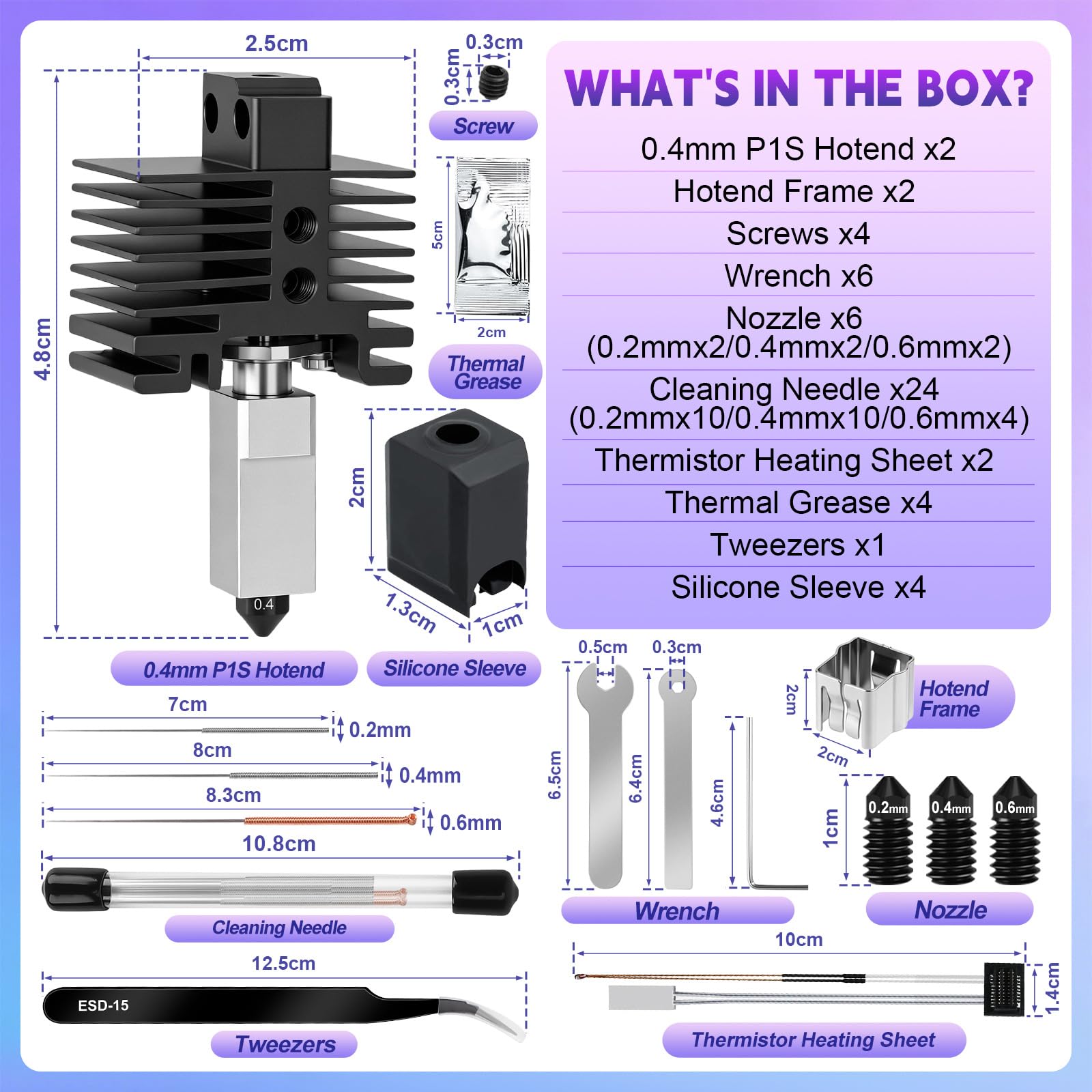 YOTINO 2 piezas P1S Hotend para Impresora 3D Serie P1, Kit Hotend con Boquilla de Acero endurecido de 0,2/0,4/0,6 mm de Acero endurecido, calcetín de Silicona, termistor
