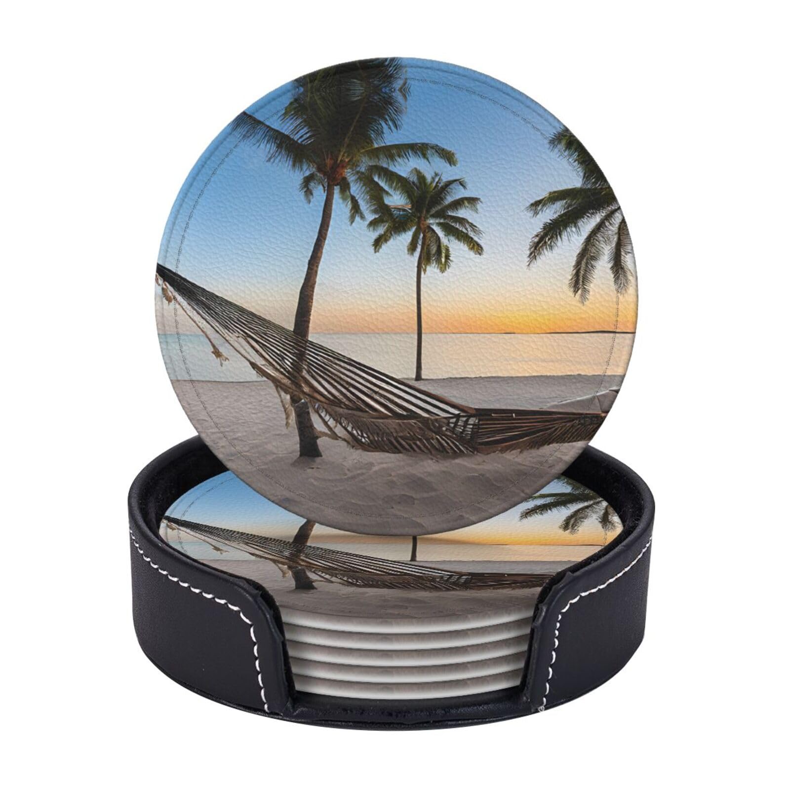 Coasters Set of 6 Microfiber PU leather Coasters with Holders for Drinks Coffee Bar Accessories, House Apartment Coffee Table Decor, Housewarming Gifts - Paradise Beach with Hammock Coconut Palm Trees