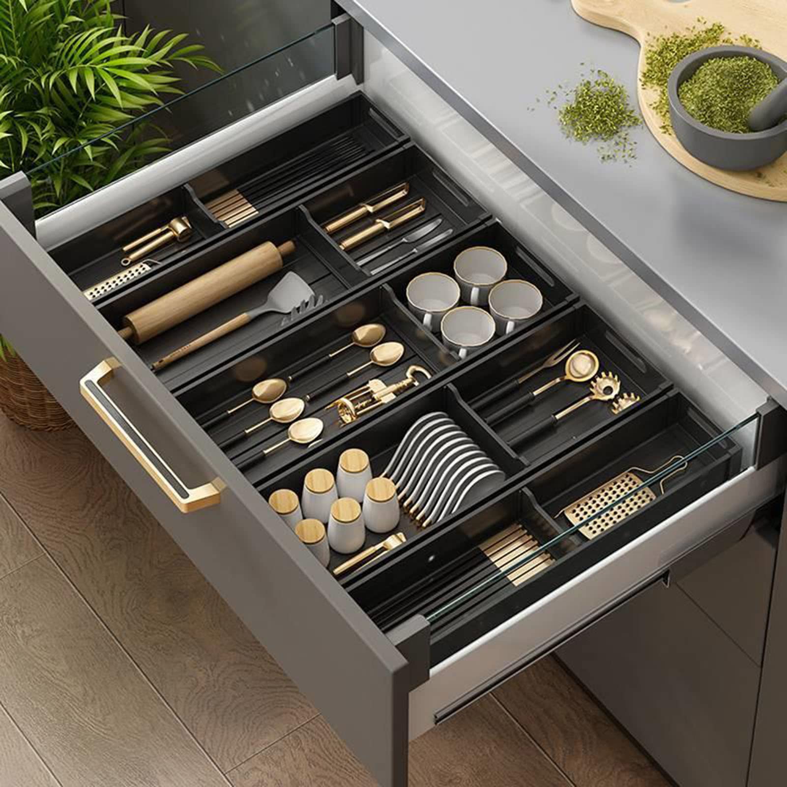Aluminiowy organizer do szuflad kuchennych, wielofunkcyjny organizer do szuflad, z wytrzymałym, wysokiej jakości materiałem ze stopu aluminium i regulowaną przegrodą do sztućców sklepowych. (Czarny