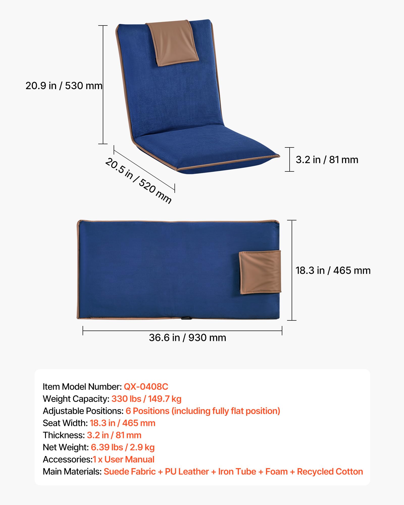 VEVOR Bodenstuhl, 6-Positionen Verstellbarer, Bodensessel mit Rückenlehne, Relaxsessel mit Metallgestell, Schaumstoff & Velourslederbezug, Bodensitz zum Lesen & Entspannen, Dunkelblau