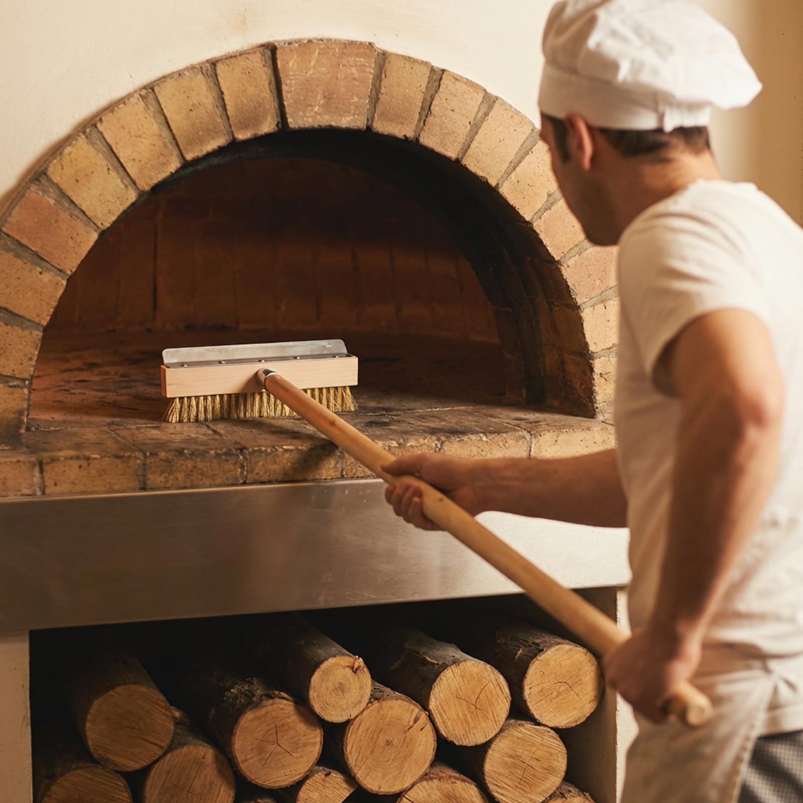 Reallnaive 1 cepillo para horno de pizza con mango de madera de 37 pulgadas con raspador, herramienta de cepillo de limpieza para horno de pizza al aire libre, punta roscada de aluminio, cerdas de