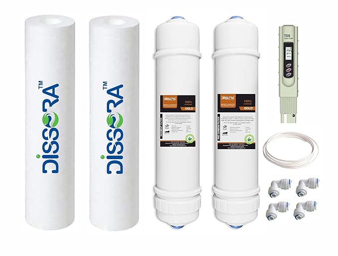 Dissora Gold 10? Inline Filter Cartridge Set (Pre Activated Carbon Block, Sediment Filter, PP Spun Candle Filter Cartridge and TDS Meter) for All Brands All Models RO UV UF Water Purifier, Pack of 7