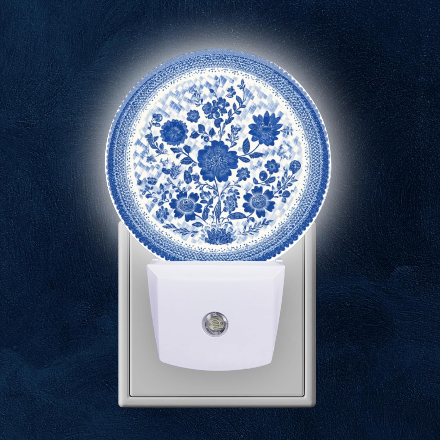 Round LED Night Lights Lamp with Dusk to Dawn Sensor Decorative Night Light Featuring Traditional Porcelain Plate Floral