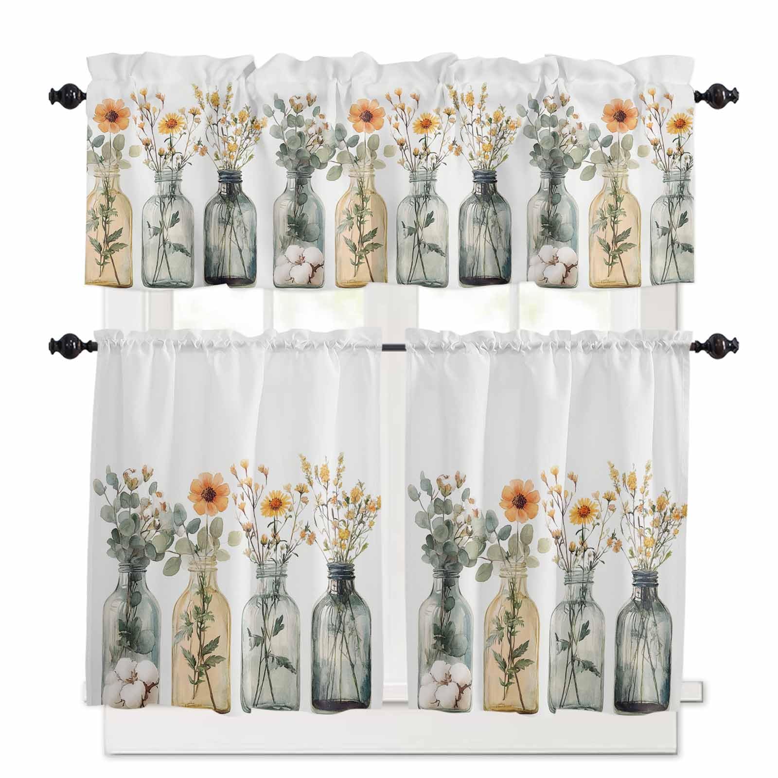 Eucalyptus Flower Kitchen Curtains 36 Inch Length,3 Piece Rod Pocket Small Half Tiers and Valance Set,Orange Floral Sage Green Leaf Daisy Small Large Window Treatment Decor for Bedroom/Bathroom Sink