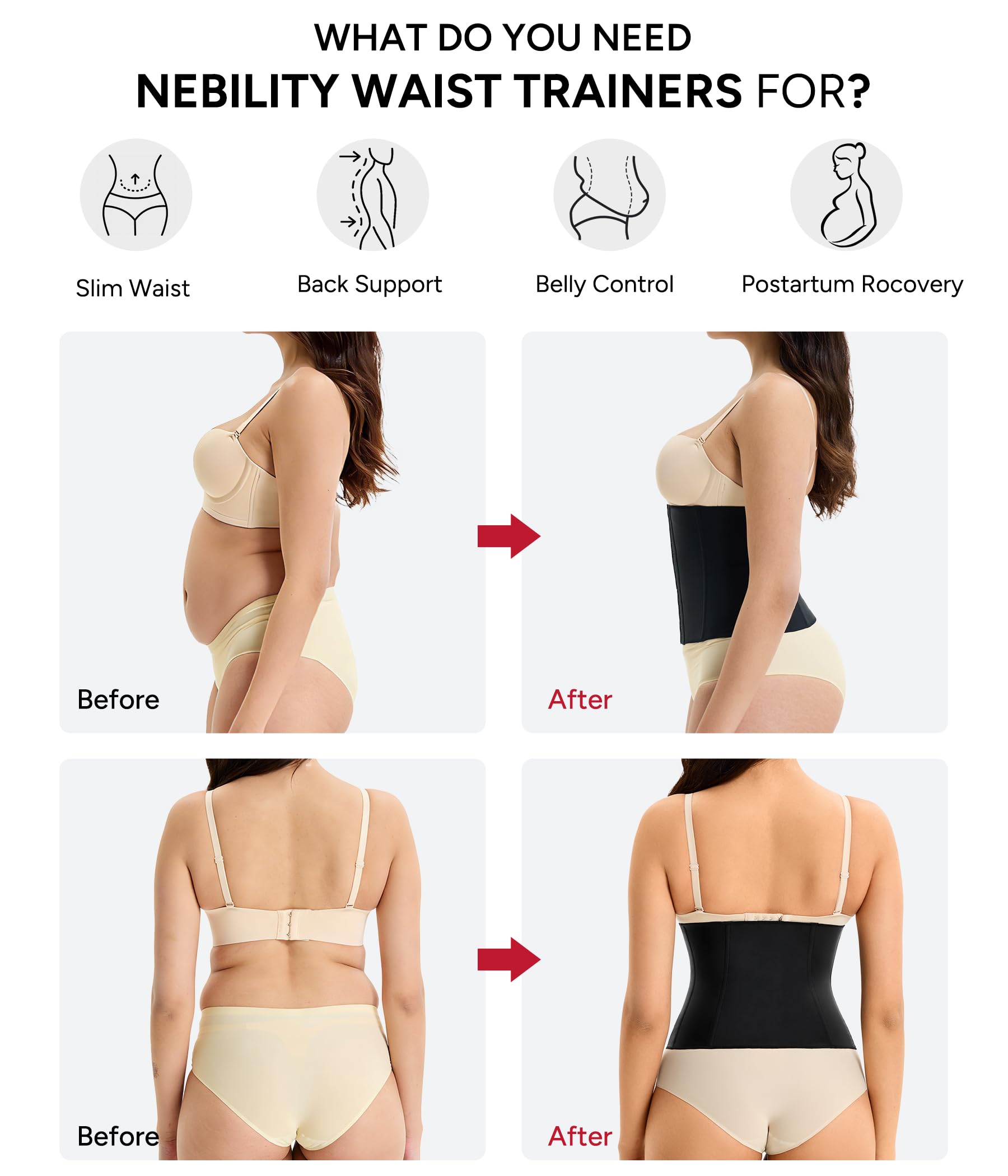 Nebility Femme Gaine Amincissante Ventre Plat Corset Minceur Waist Trainer Abdominale Serre Taille Ceinture Réglable