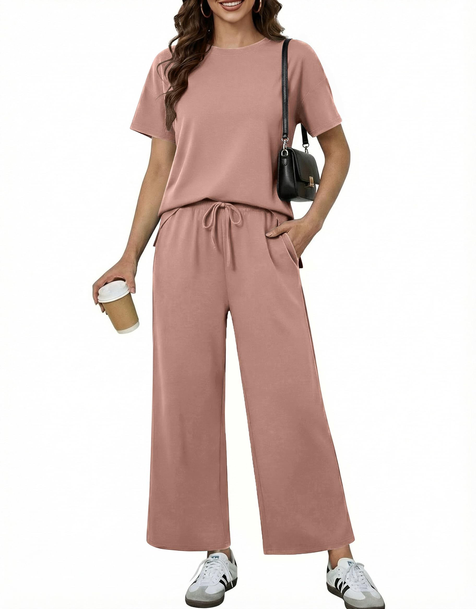 PINSPARK Soft 2 Piece Sets for Women Short Sleeve Matching Lounge Set Wide Leg Pants Tracksuit Travel Summer Outfits 2026