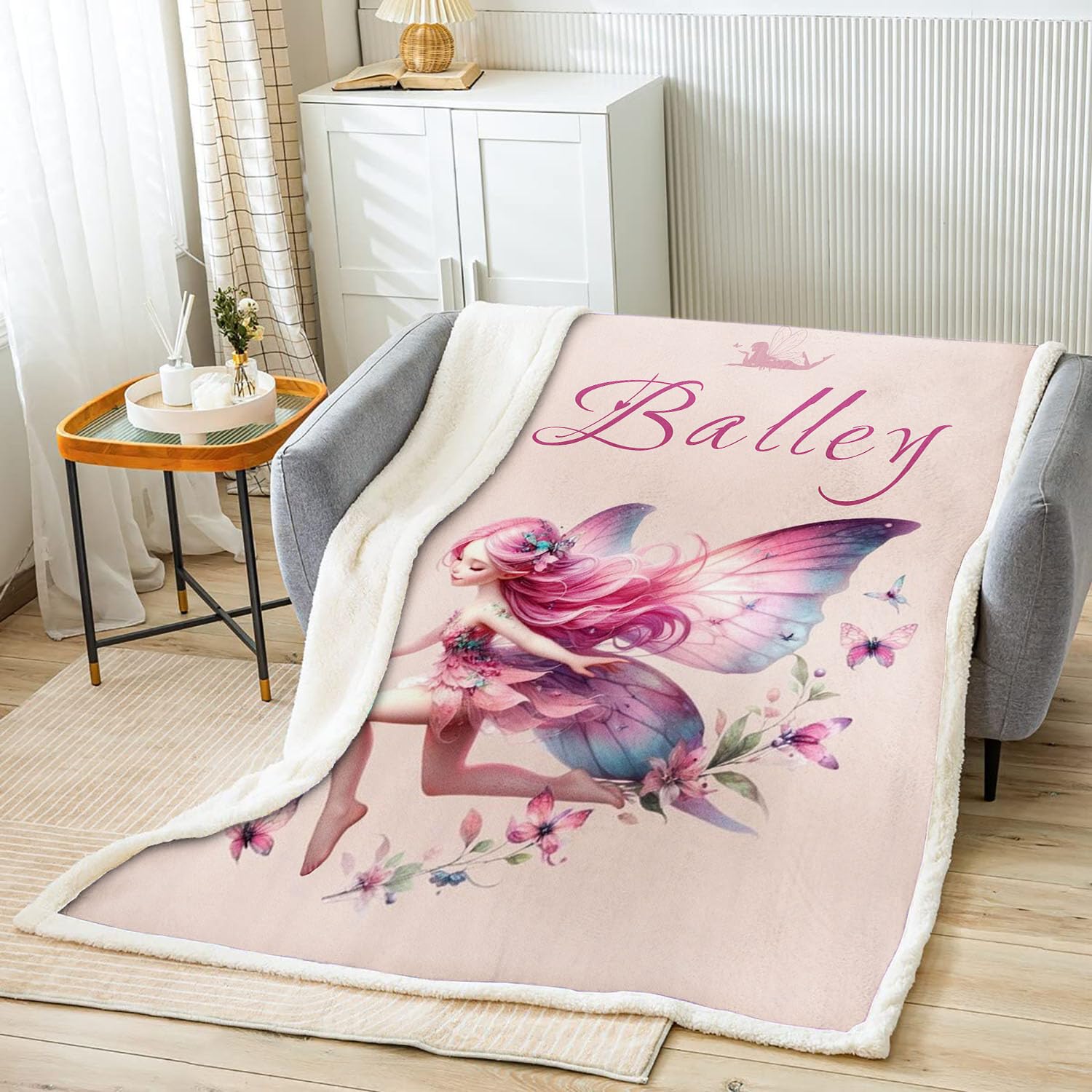 Manta personalizada con nombre, manta de franela con diseño de hada de los elfos con nombres, manta de franela con mariposas individuales, mullida y cálida (A, 150 x 200 cm)