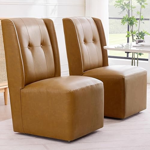 Juego de 2 sillas de comedor con ruedas, moderna silla de comedor enrollada sin brazos tapizada con ruedas para cocina, sala de estar, piel PU