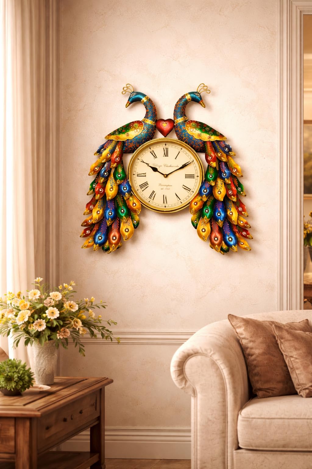 ROYAL CRAFTS Decorative Peacock Wall Clock Metal Handcrafted Dual Peacock Design Wall Hanging Clock for Living Room Bedroom Home Décor Multicolor 4