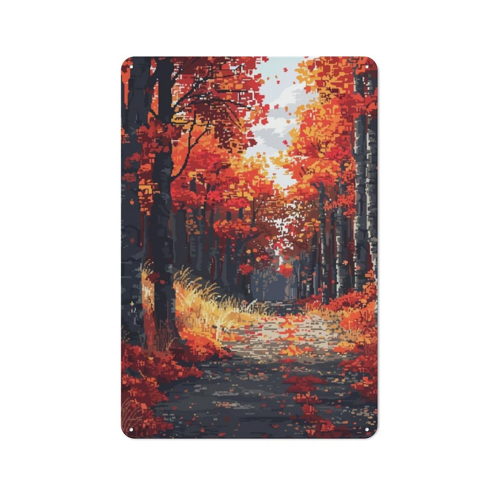Junmoney Autumn Path Pixel Art Rustic Tin Sign 30X20cm For Living Room Or Hallway, Suited To Living Room Decor Lovers