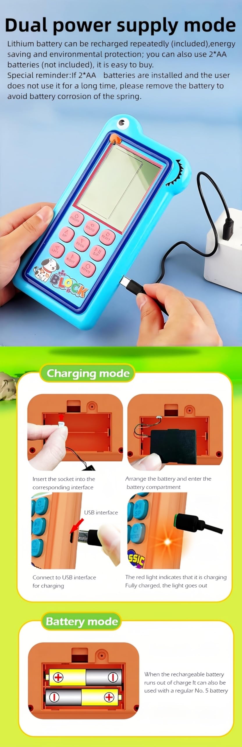 HLF Bloquer la Console de Jeu Mode de Jeu Double 23/26 Jeu de Briques Boutons en Silicone Alimenté par Une Batterie au Lithium Rechargeable/AA Jouet Portatif Rétro Cadeaux Enfants/Adolescents (Khaki)