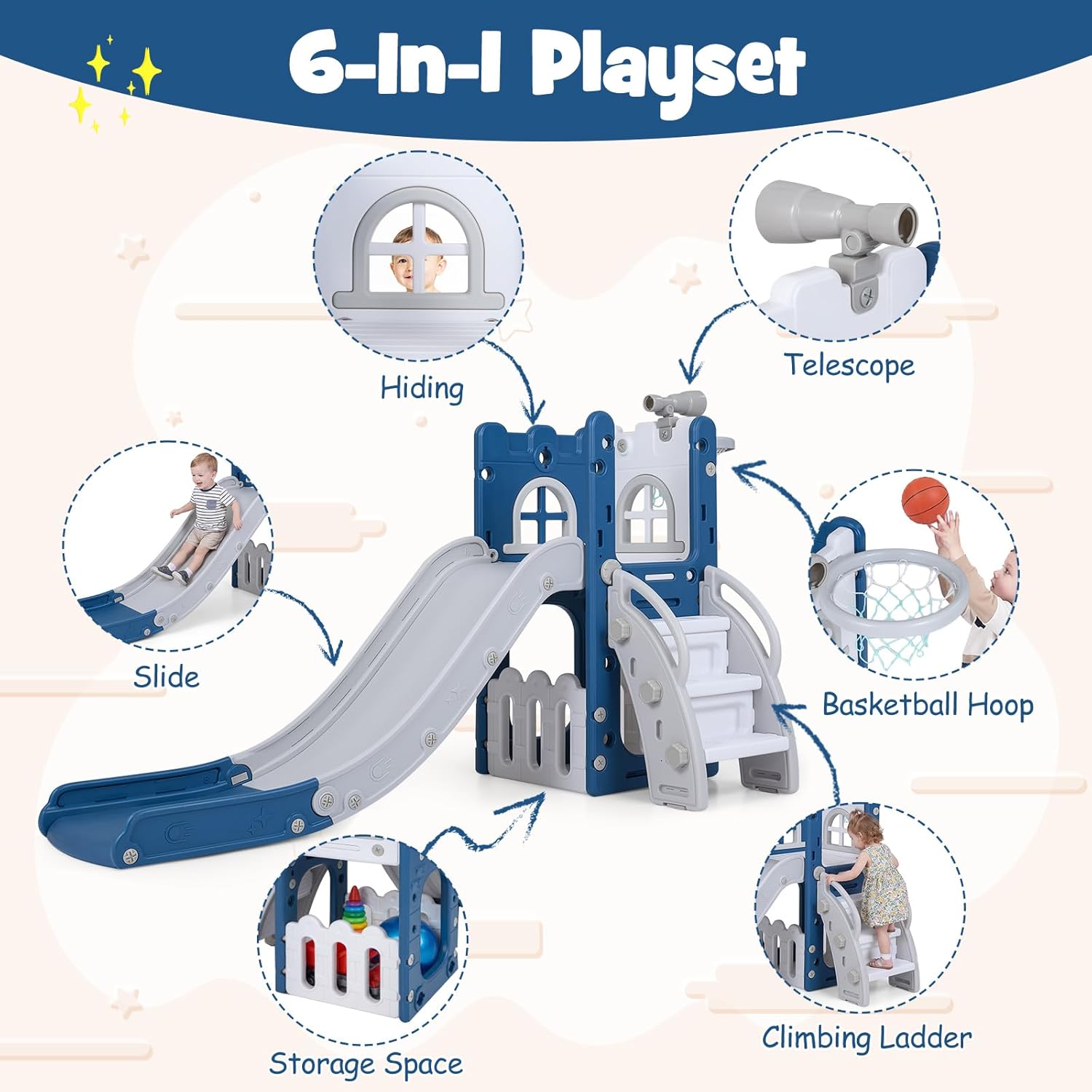 BABY JOY Toddler Slide, 6-in-1 Indoor Kids Slide Playset with Basketball Hoop, Telescope, Climbing Ladder & Storage Space, Freestanding Playhouse & Climber for Kids Aged 1-3 (Deep Blue)