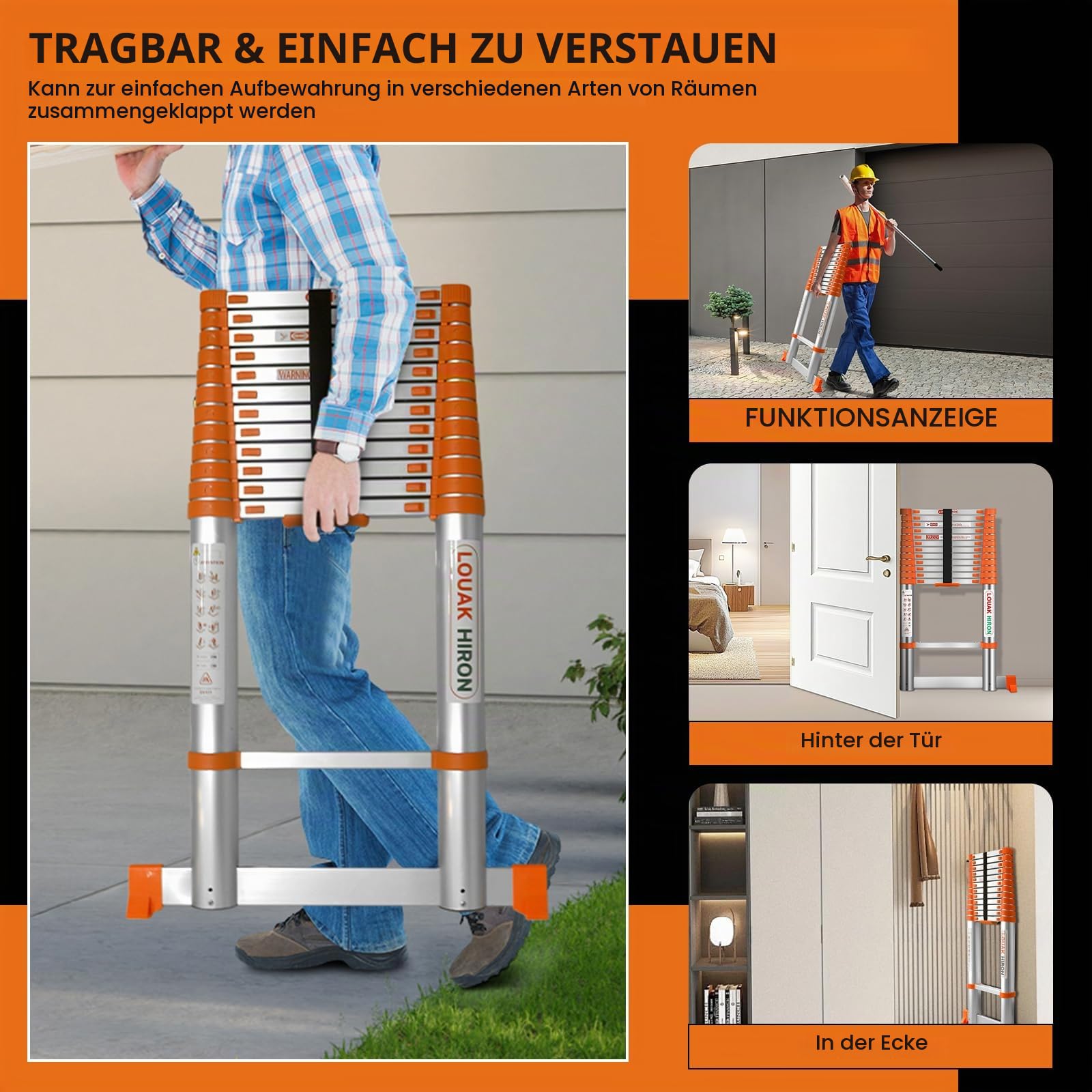 5,1M Alu Teleskopleiter mit Haken Ausziehbare Leiter Klappleiter mit Stabilisator Stehleiter Rutschfester, aus hochwertigem Aluminium, Ausziehleiter Mehrzweckleiter (orange)