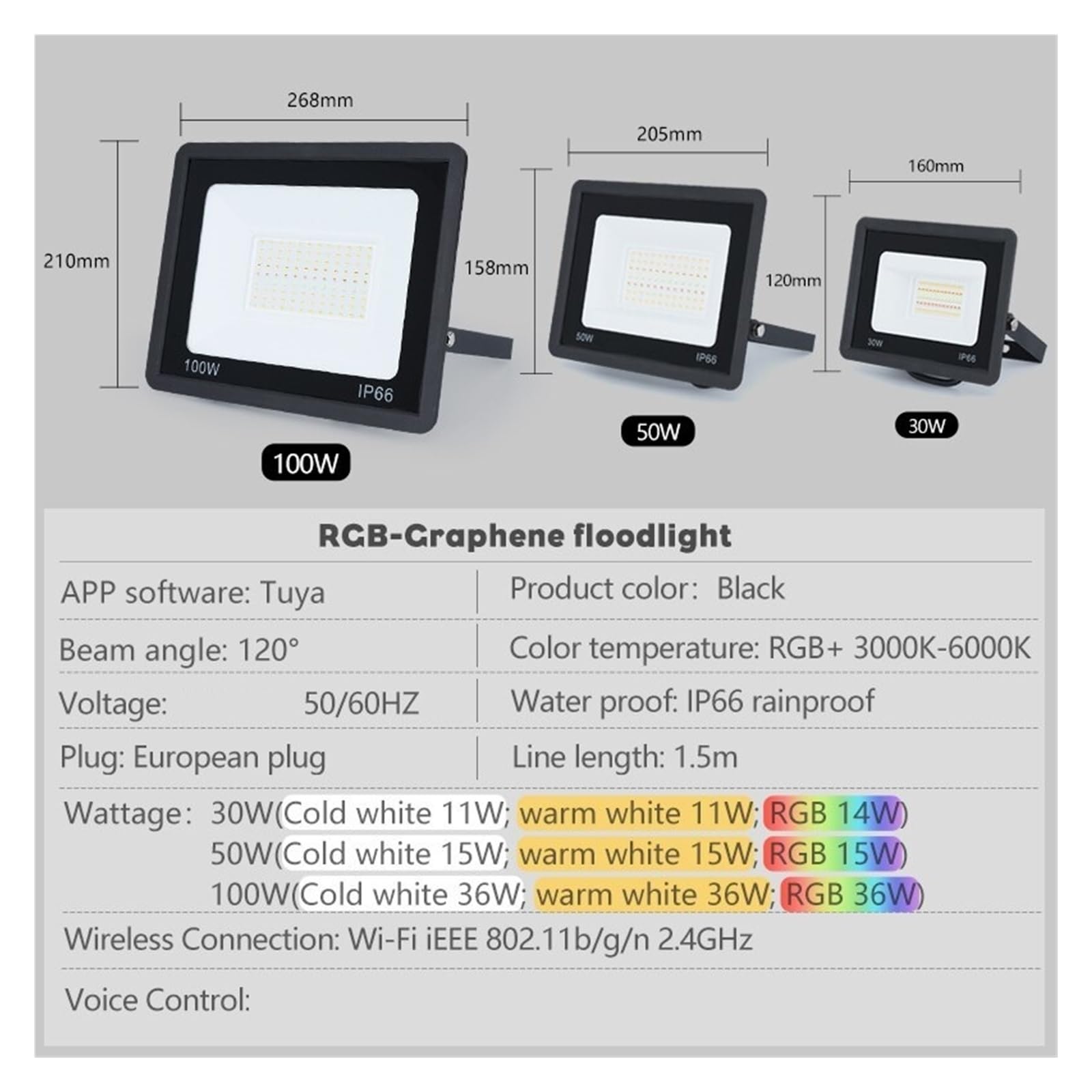 TUYA Reflektor RGB Inteligentna Aplikacja Sterowanie Głosem RGBCW CCT 3000-6500K 30W 50W 100W AC Na Przyjęcie W Ogrodzie Oświetlenie Zewnętrzne Efektywna OszczęDność Energii(100W)