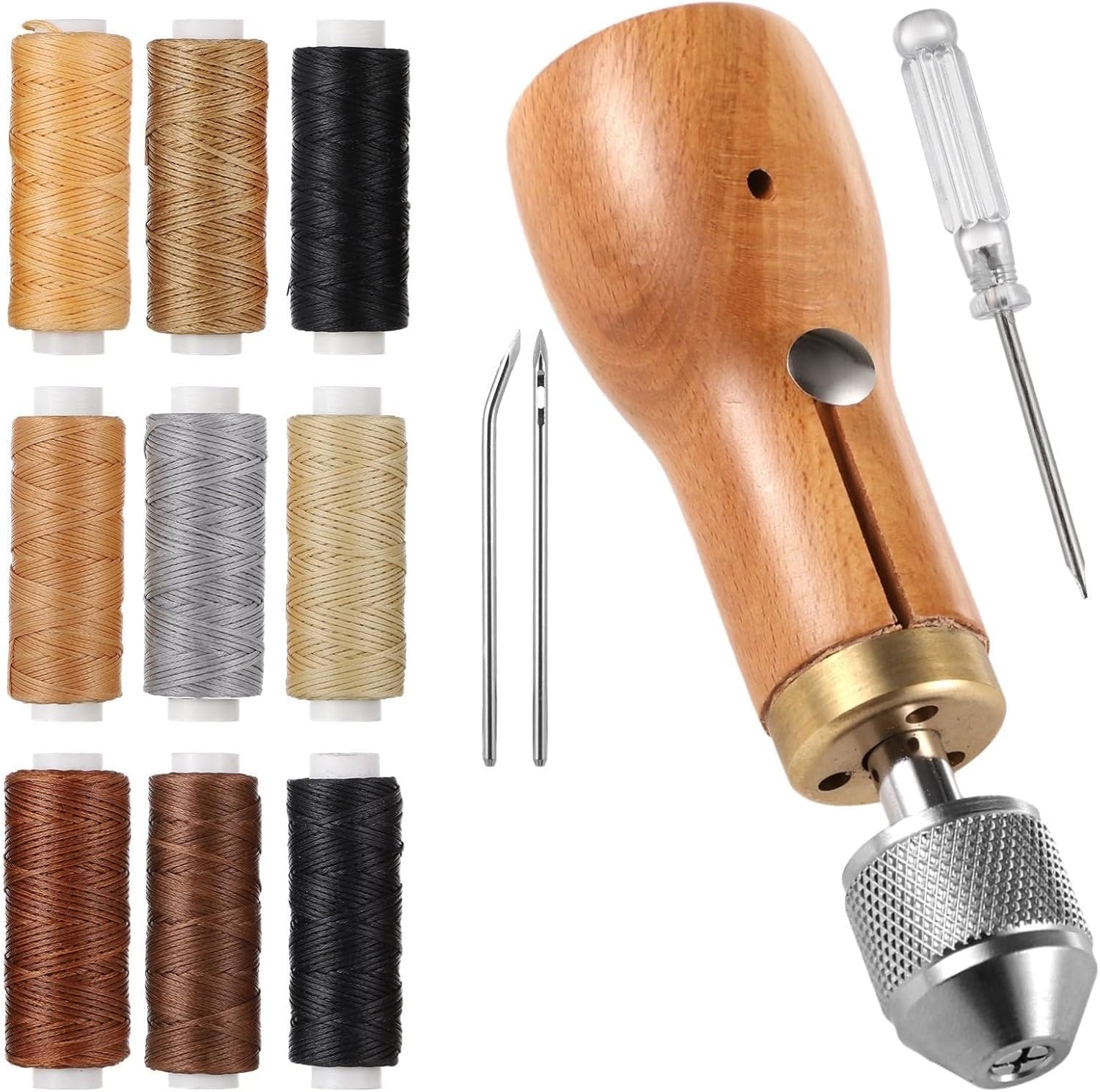 13-Piece Leather Sewing Awl Set With Needles, Thread, Wax, And Wood Handle For Diy Repairs And Crafts
