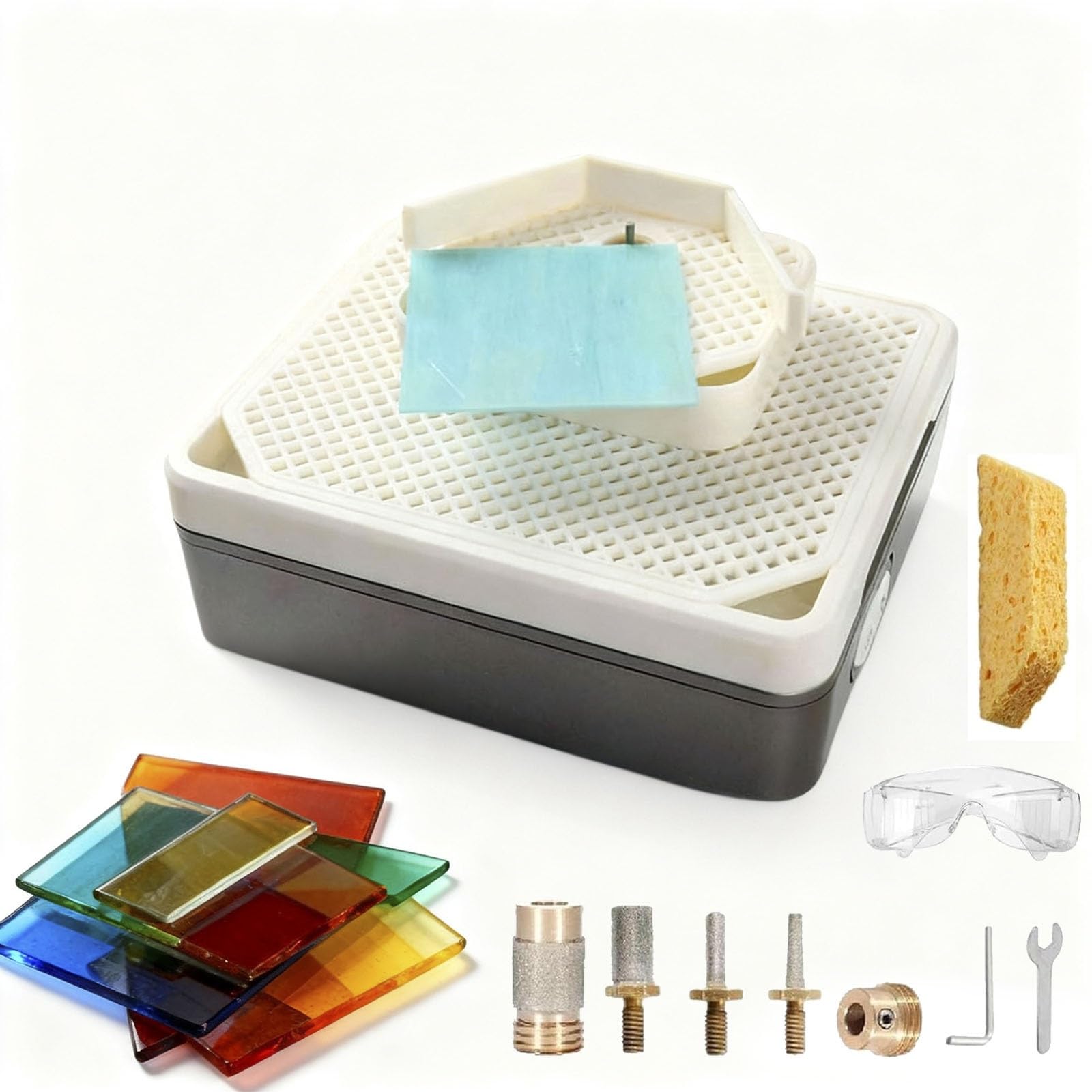 YXYLJOZ Automatic Water Stained Glass Grinder Machine, 2-3mm Drilling & 3-25mm Edge Refinement, Diamond Bits 5/8in & 1/4in & 1/8in & 1/8in Conical, 4200rpm