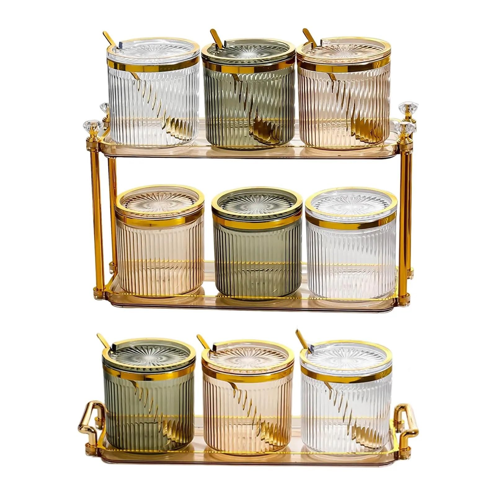 Botes Especias Tarro de condimentos con Bandeja organizadora, Tarro de Almacenamiento de condimentos, contenedor de Especias con Tapas y cucharas, recipientes for Sal(2 Layer)